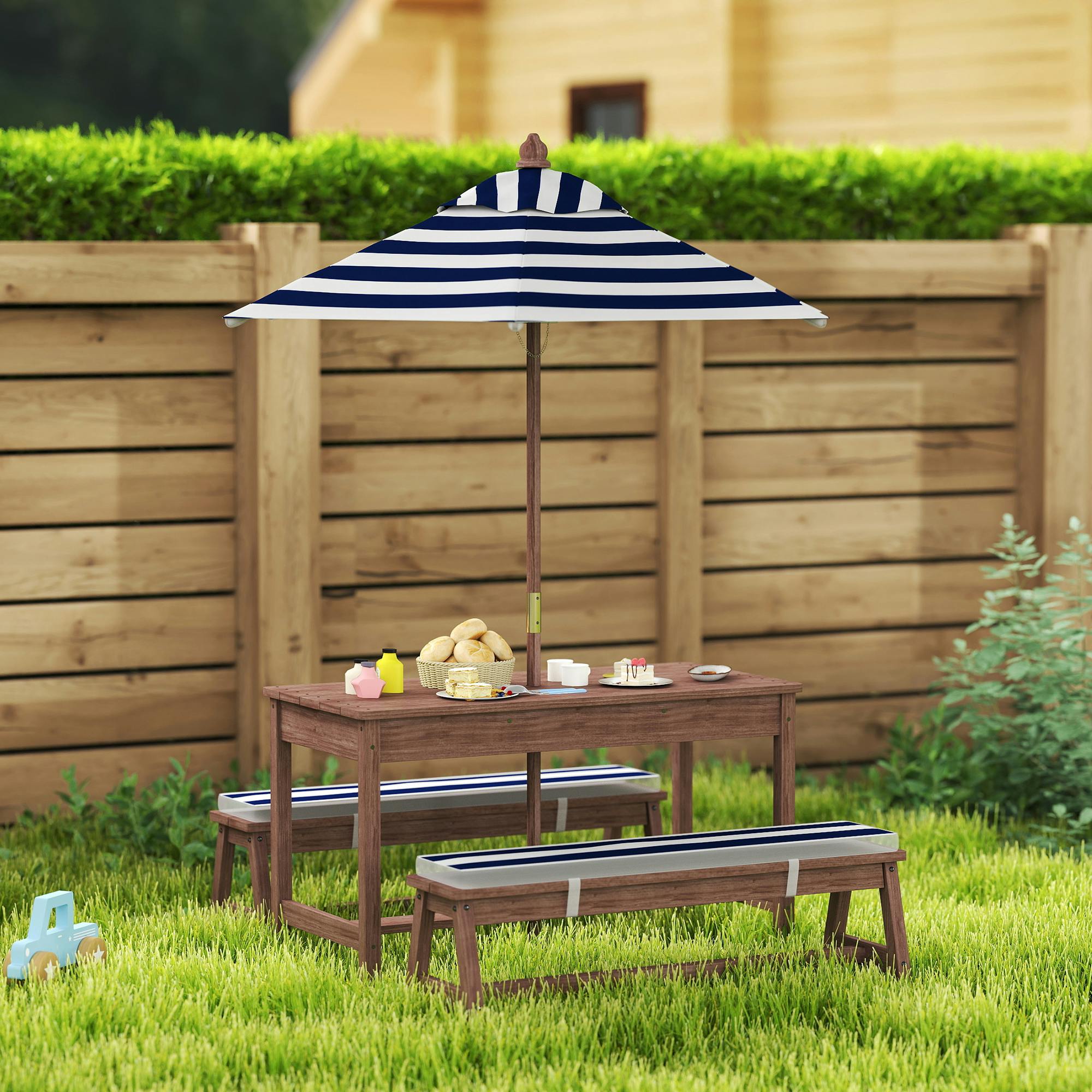 Aiyaplay Blue/Dark/Brown Kids Picnic Table, Wooden Kids Garden Furniture With Umbrella - Navy - 89L X 44W X 50H Cm