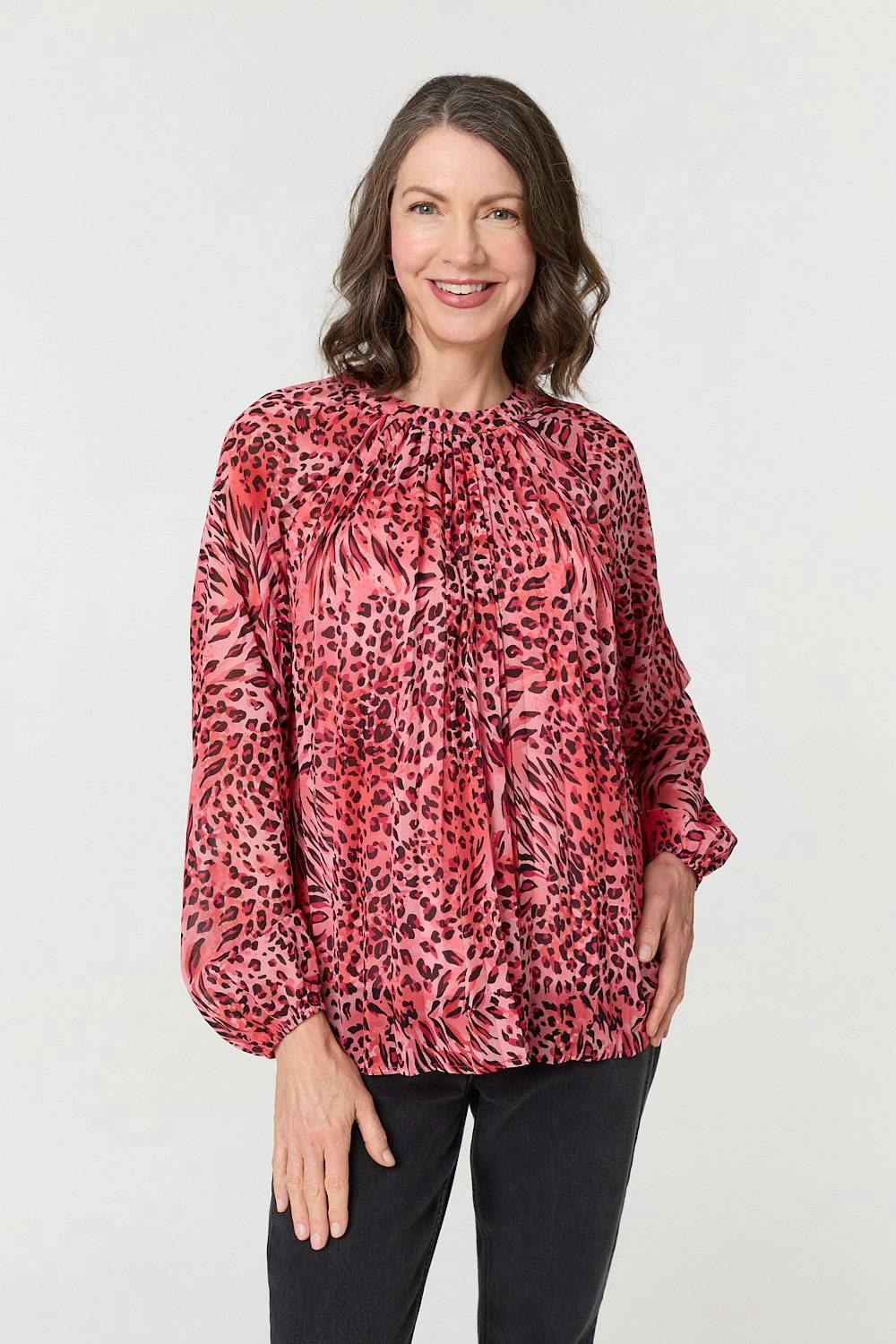 Izabel London Pink Animal Print Long Sleeve Tunic Blouse - 10