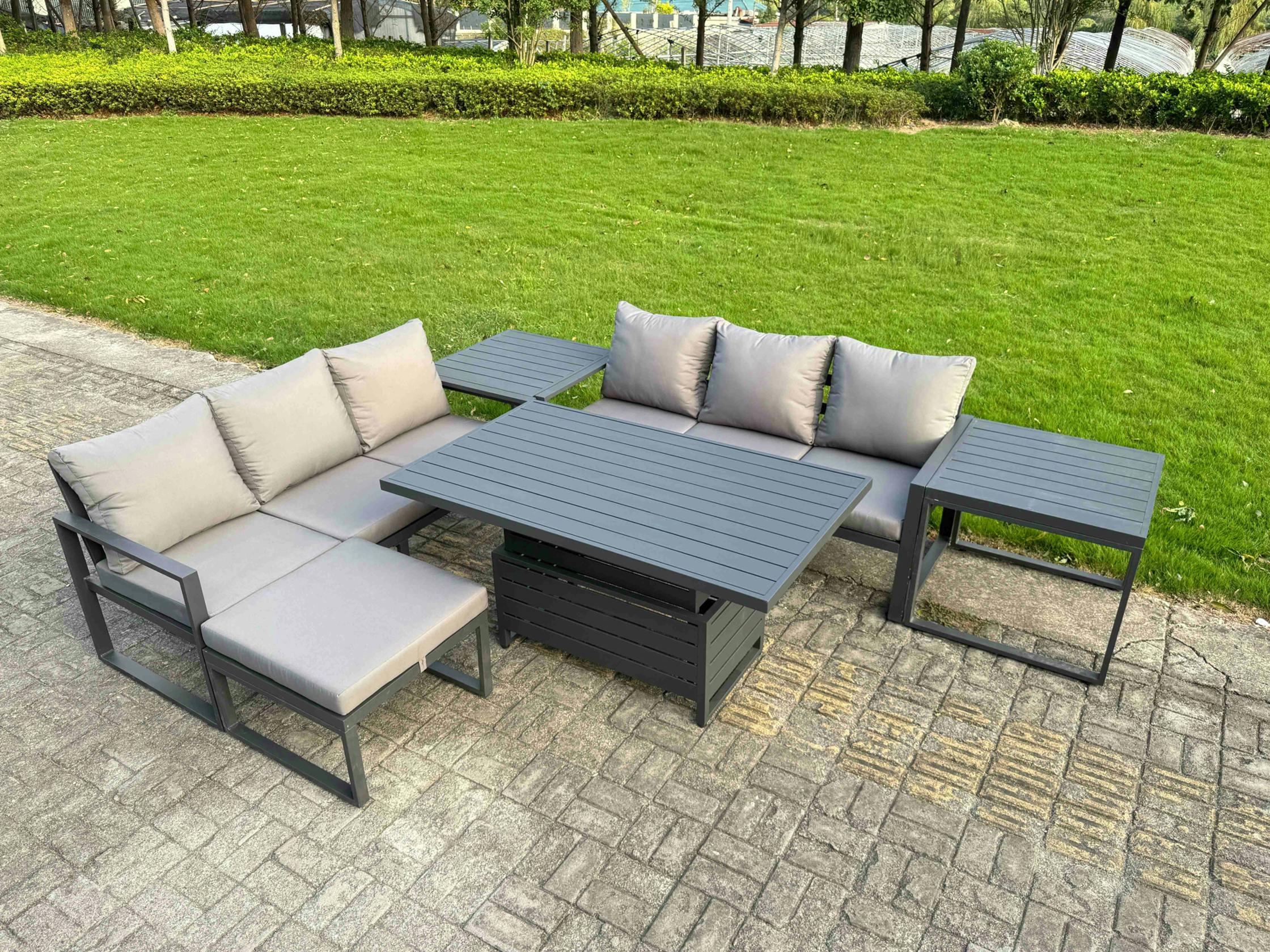 Rackhams Dark/Grey 7 Seater Aluminium Garden Furniture Set With Adjustable Rising Dining Table, 2 Sofas, 2 Side Tables & Footstool