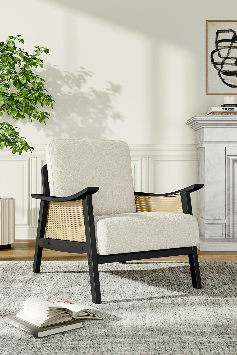 Rackhams White/Dark Teddy Fur Rattan Armrest Sofa Cushioned Armchair With Leg