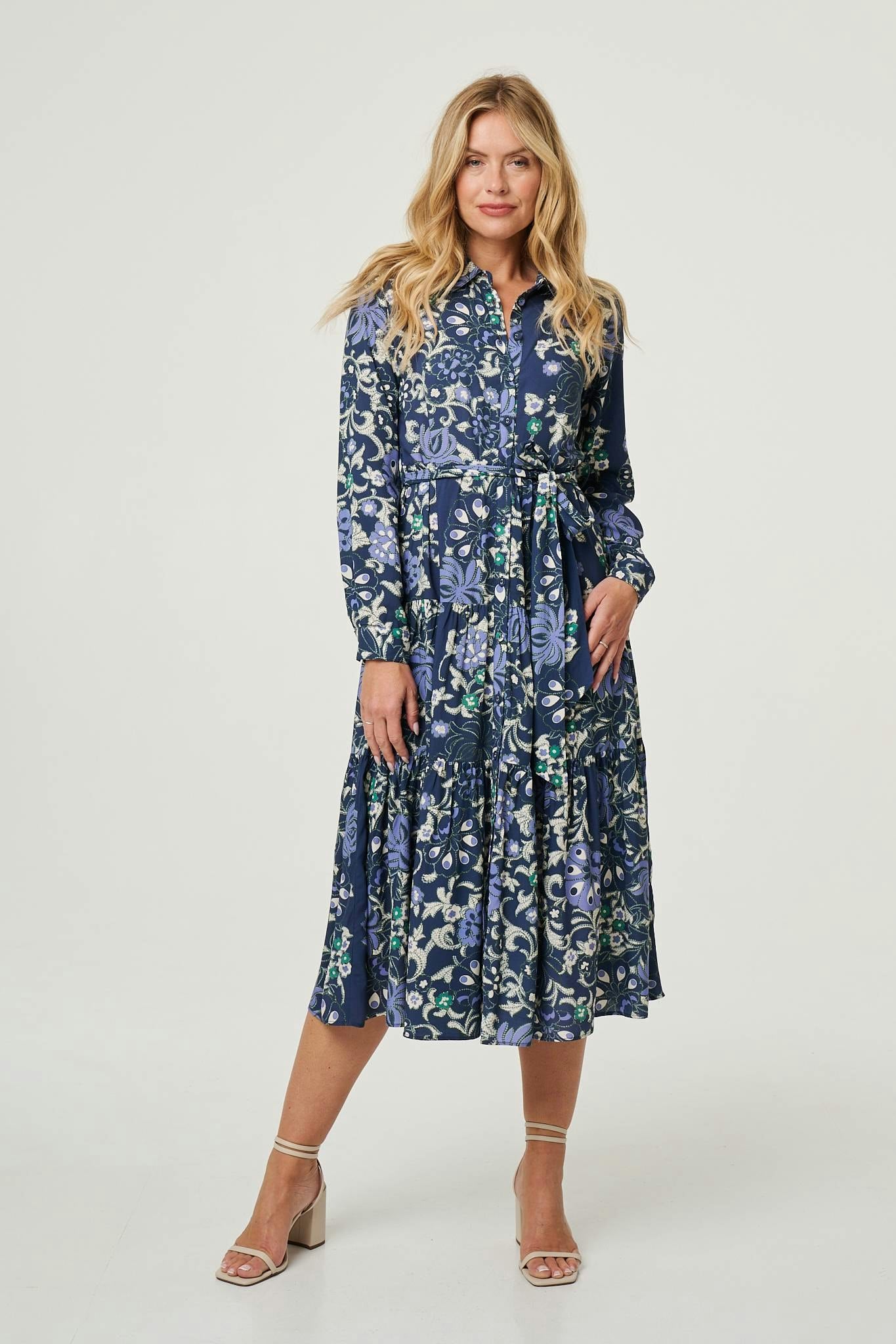 Izabel London Floral Tie Waist Tiered Midi Dress - 10 - Navy