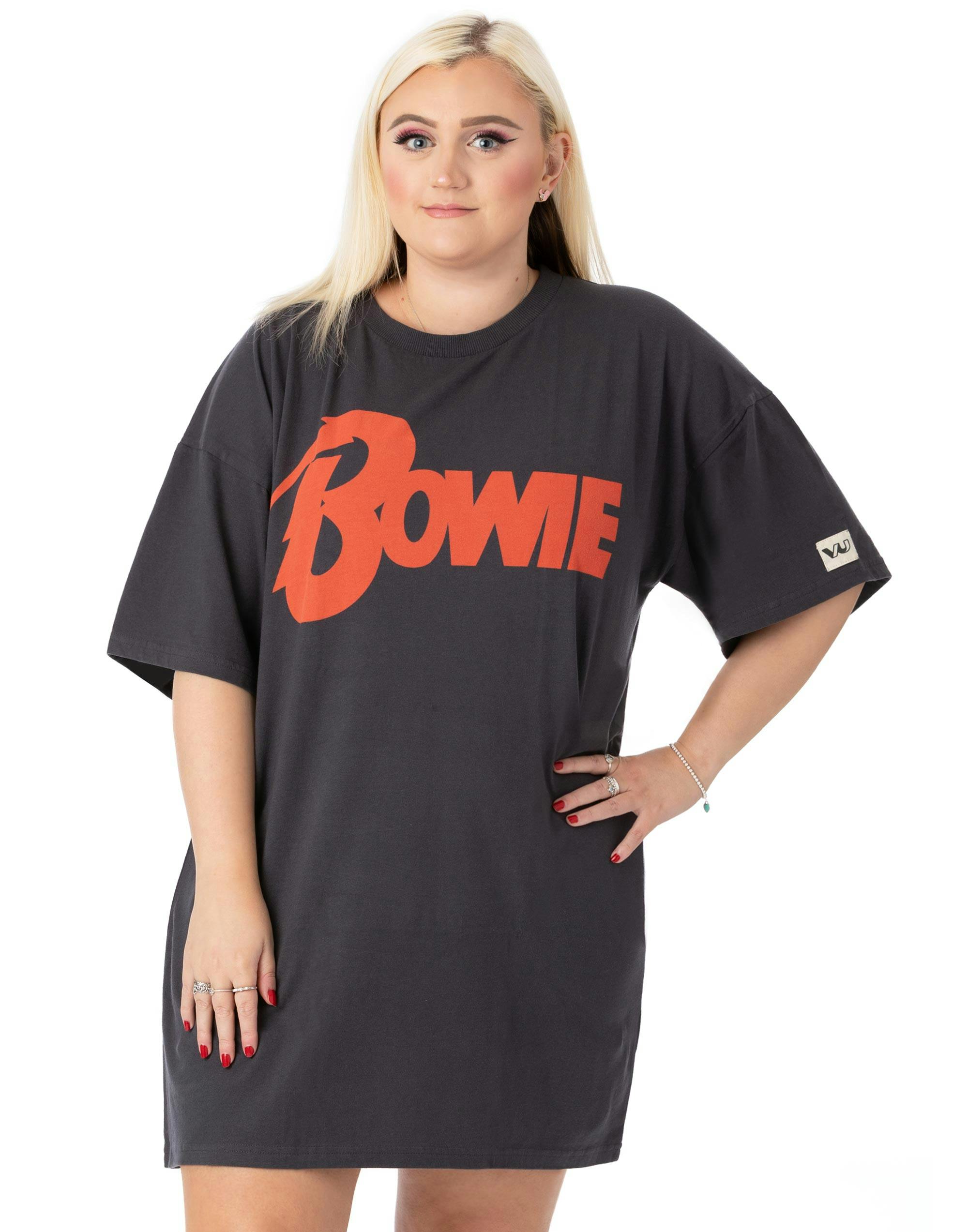 Vanilla Underground Women's Grey David Bowie Logo Oversized Short Sleeved T-Shirt - Medium