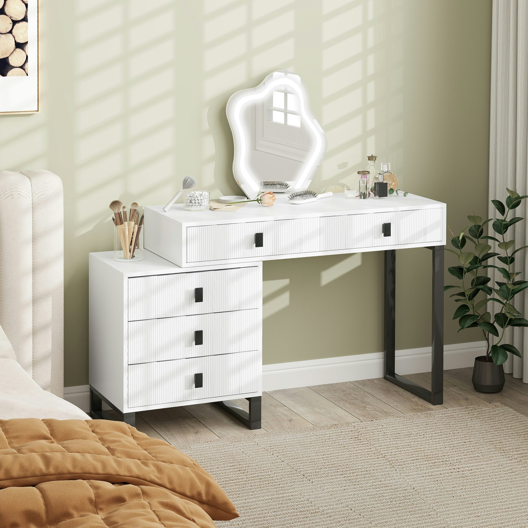 Homcom White Dressing Table With Led Leaf Shape Mirror And 5 Drawers,