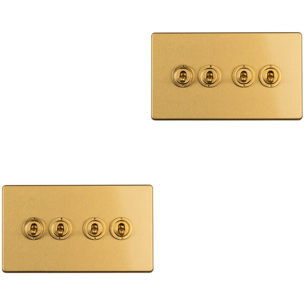 Rackhams Light Pack 4 Gang Quad Retro Toggle Switch Screwless Satin Brass 10A Way Size 2