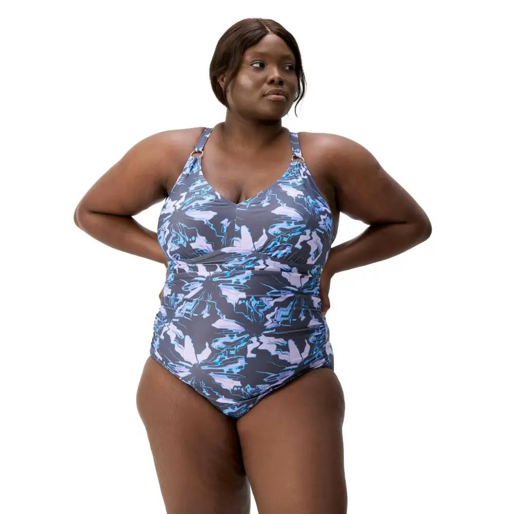Speedo Purple/Grey Shaping Printed V Neck Swimsuit Plus Size - Uk Size 48