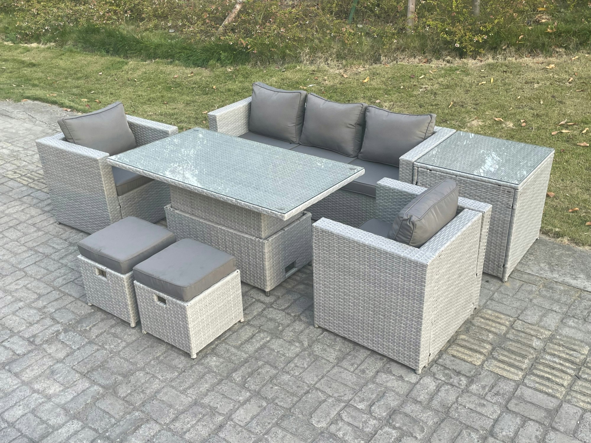 Fimous Light/Grey/Dark Rattan Garden Funiture Set Adjustable Rising Lifting Table Sofa Dining Set With 2 Arm Chair Side Table Stools