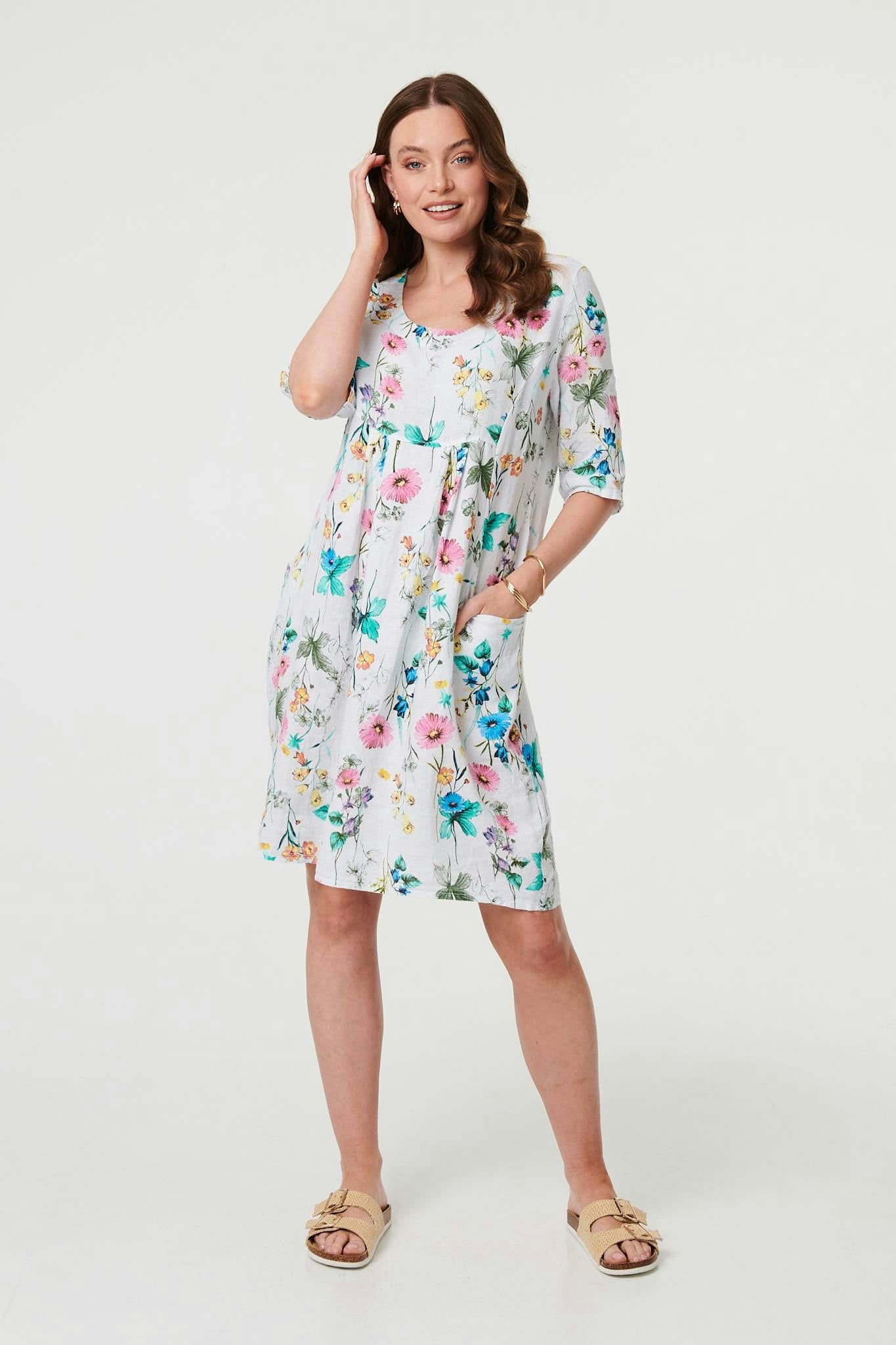 Izabel London White Floral 3/4 Sleeve Short Shift Dress - 8