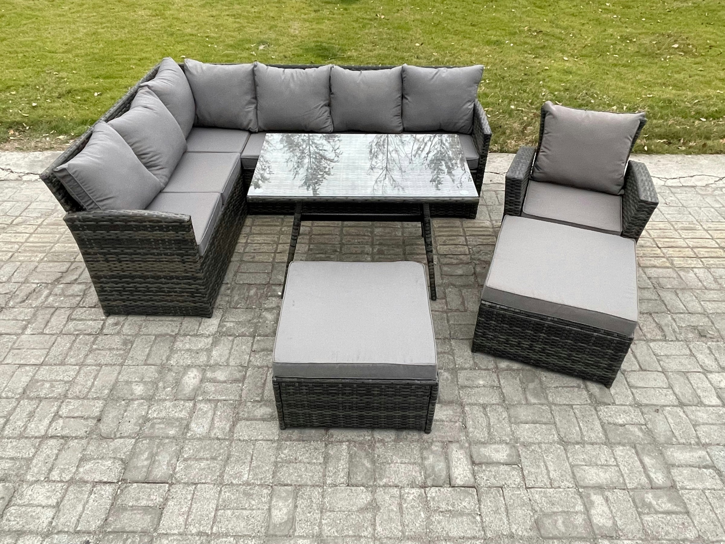 Fimous Dark/Grey Rattan Garden Furniture Corner Sofa Set With Oblong Dining Table 2 Big Footstool Armchair Outdoor Wicker Rattan Set Mixed