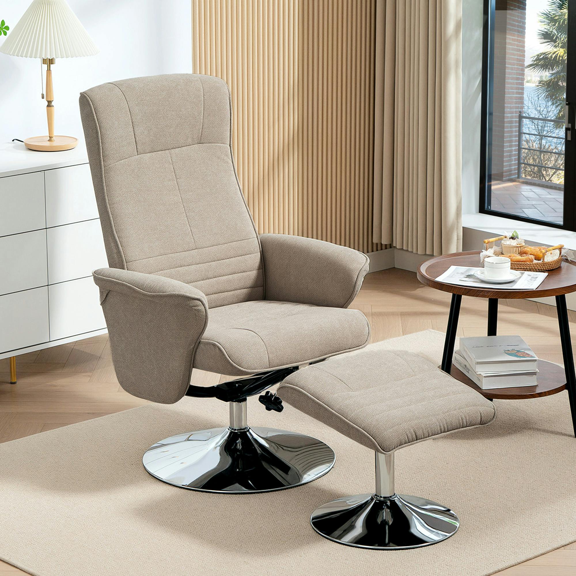 Rackhams Grey/Beige Upholstered Swivel Recliner Armchair With Ottoman,