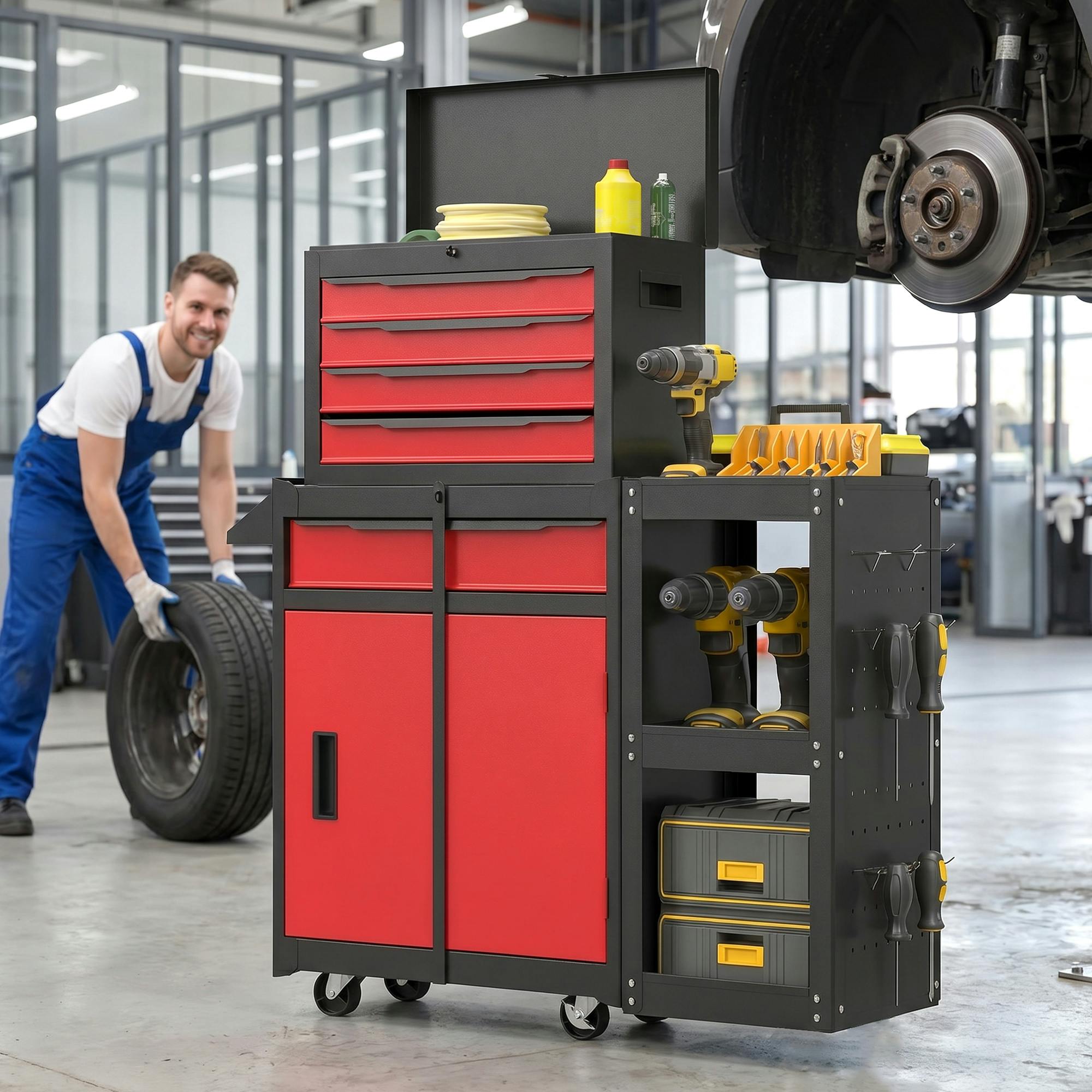 Rackhams Black/Red Modular Tool Chest, Tool Trolley With Side Rack, Pegboard For Garage