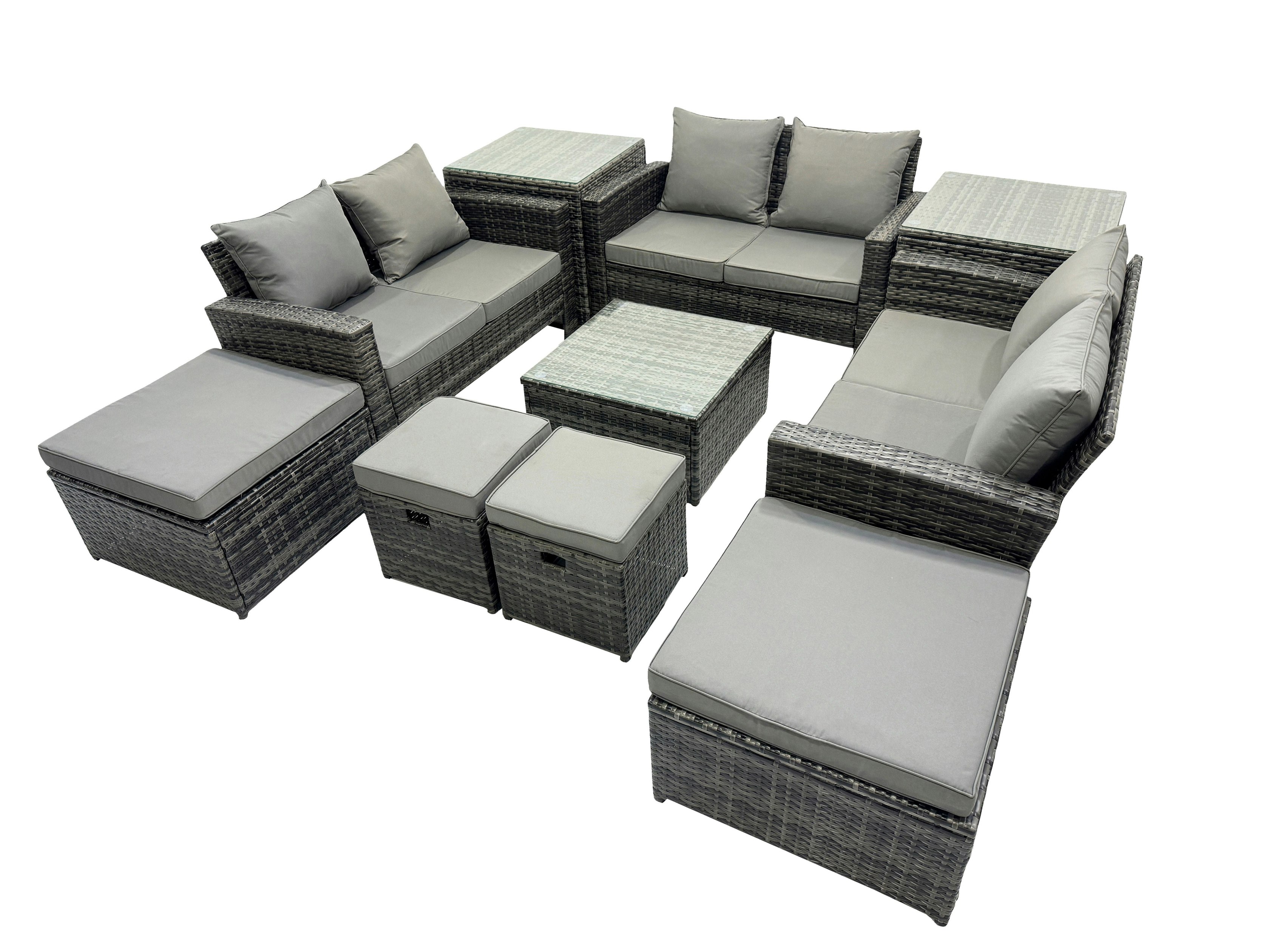 Fimous Dark/Grey Pe Rattan Garden Furniture Set Lounge Double Seat Sofa Coffee Table Set With 2 Side Tables 4 Stools Mixed