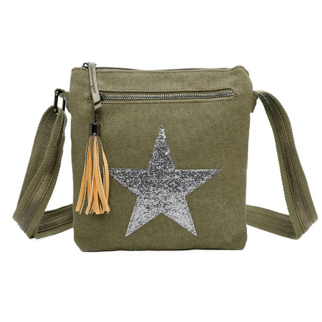 Love Emvy Metallic Star Canvas Crossbody Bag - Olive