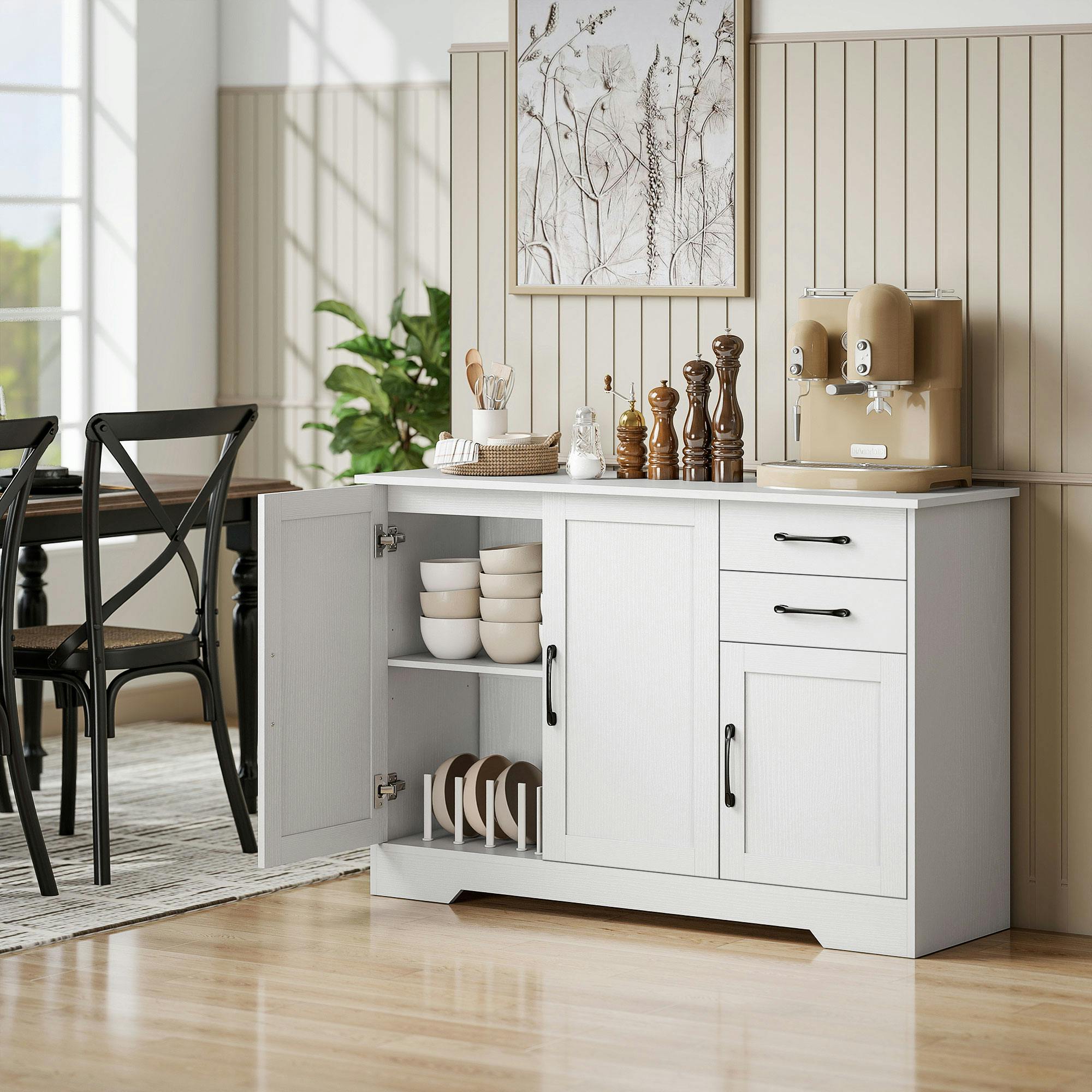 Rackhams White Sideboard With Soft-Close Doors, Modern Storage Cabinet - Wood-Effect Finish - Sideboard
