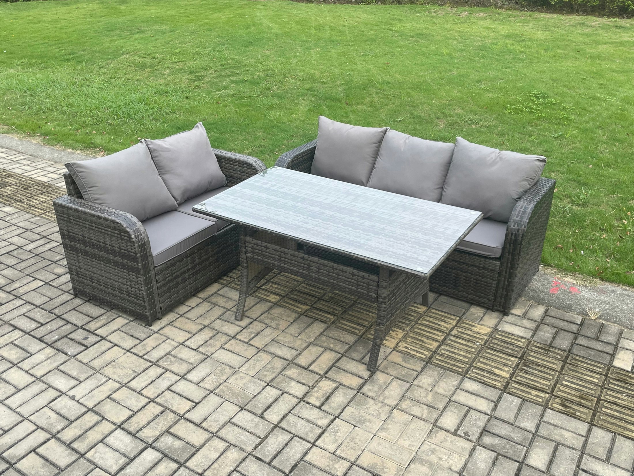 Fimous Dark/Grey Outdoor Garden Patio Furniture Wicker Rattan Oblong Rectangular Dining Table And Lounge Sofa Set Mixed