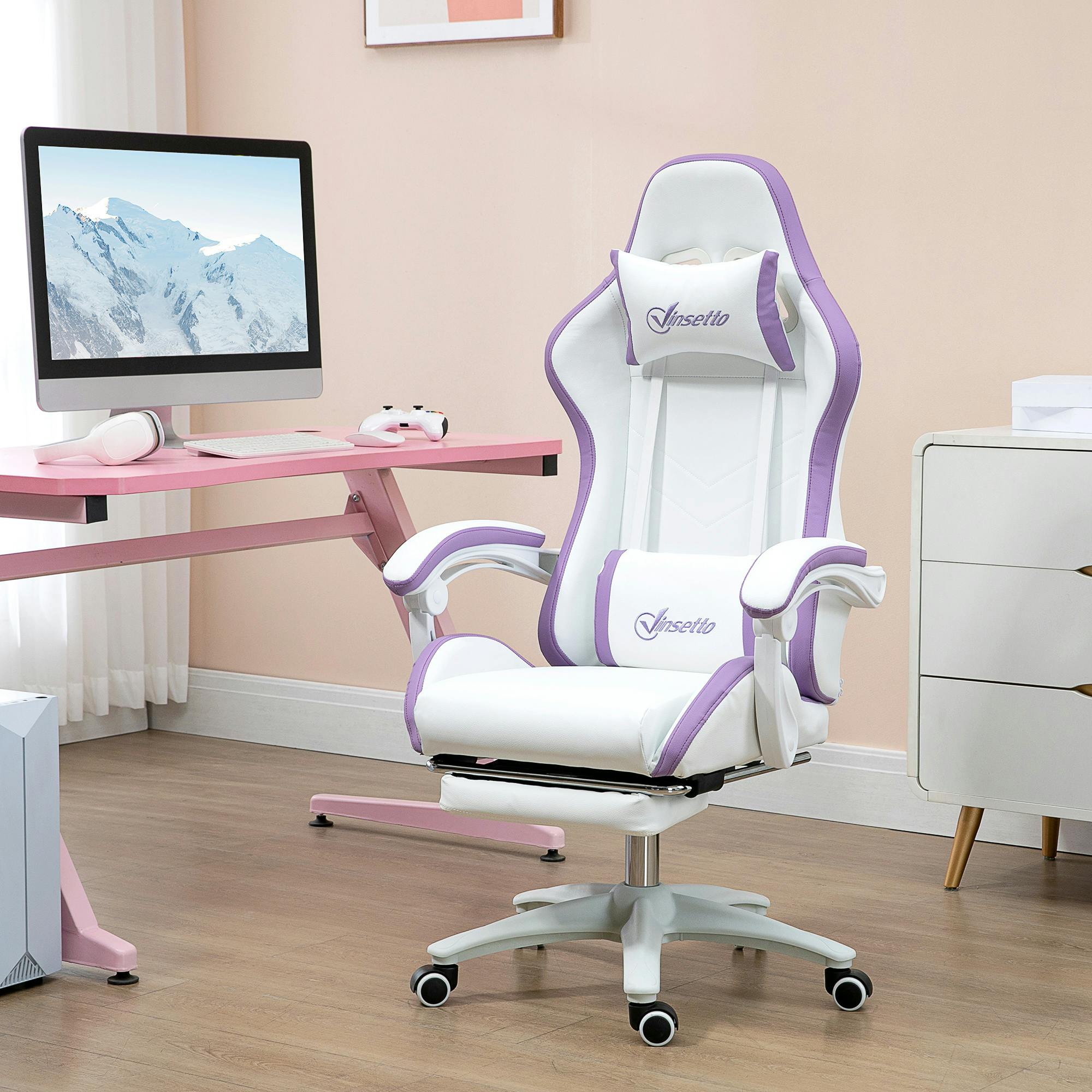 Rackhams Grey/Purple Racing Style Gaming Chair With Reclining Function Footrest,