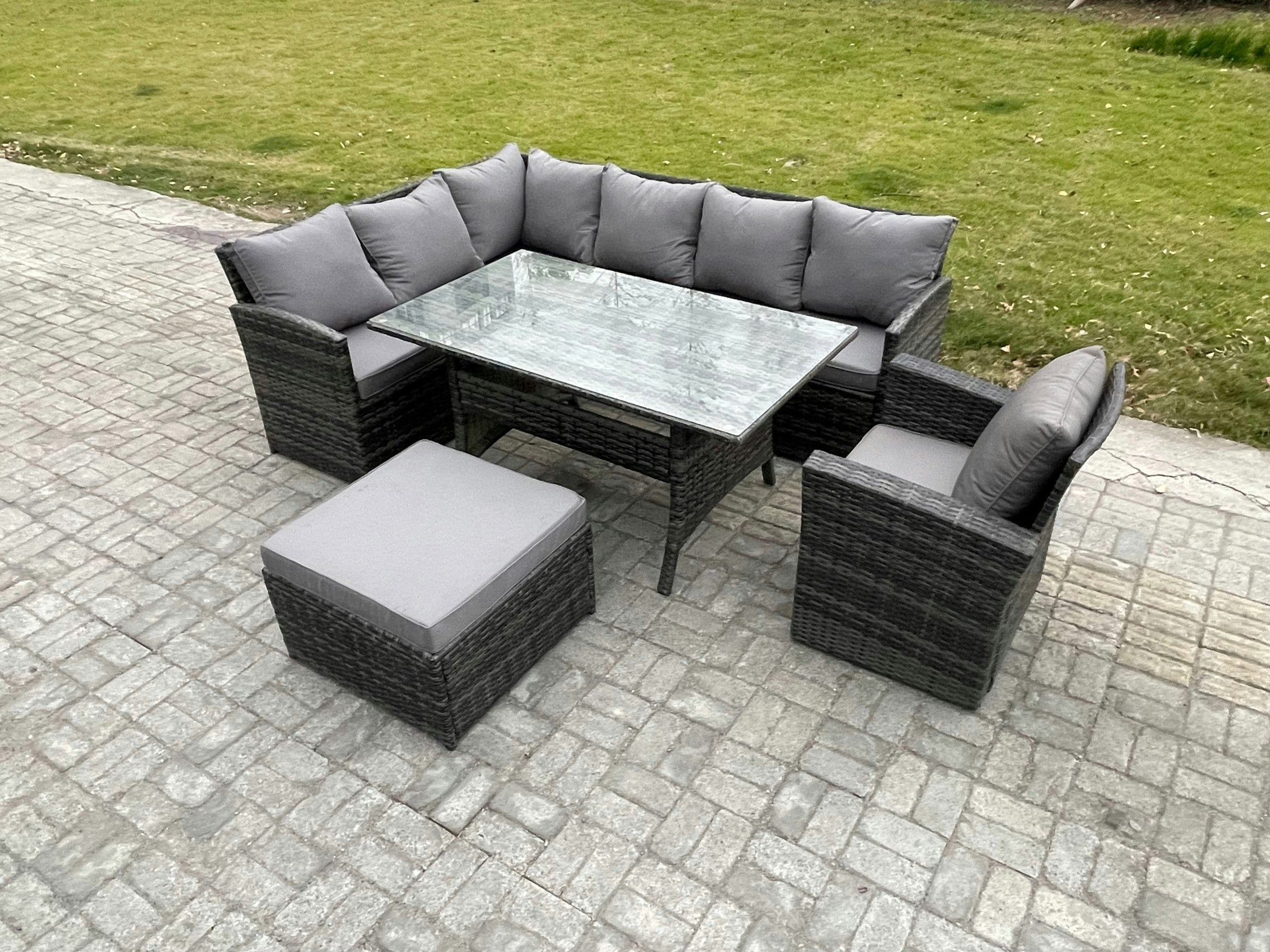 Rackhams Dark/Grey 8 Seater Outdoor Rattan Garden Furniture Set With Rectangular Dining Table Big Footstool Armchair Patio Wicker Corner Sofa Set Mixed