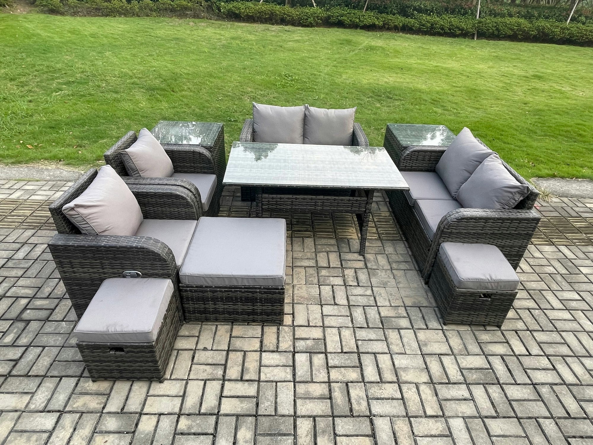 Rackhams Dark/Grey 10-Piece Rattan Outdoor Lounge Set | Rectangular Table, Reclining Chairs, 3 Stools, 2 Side Tables