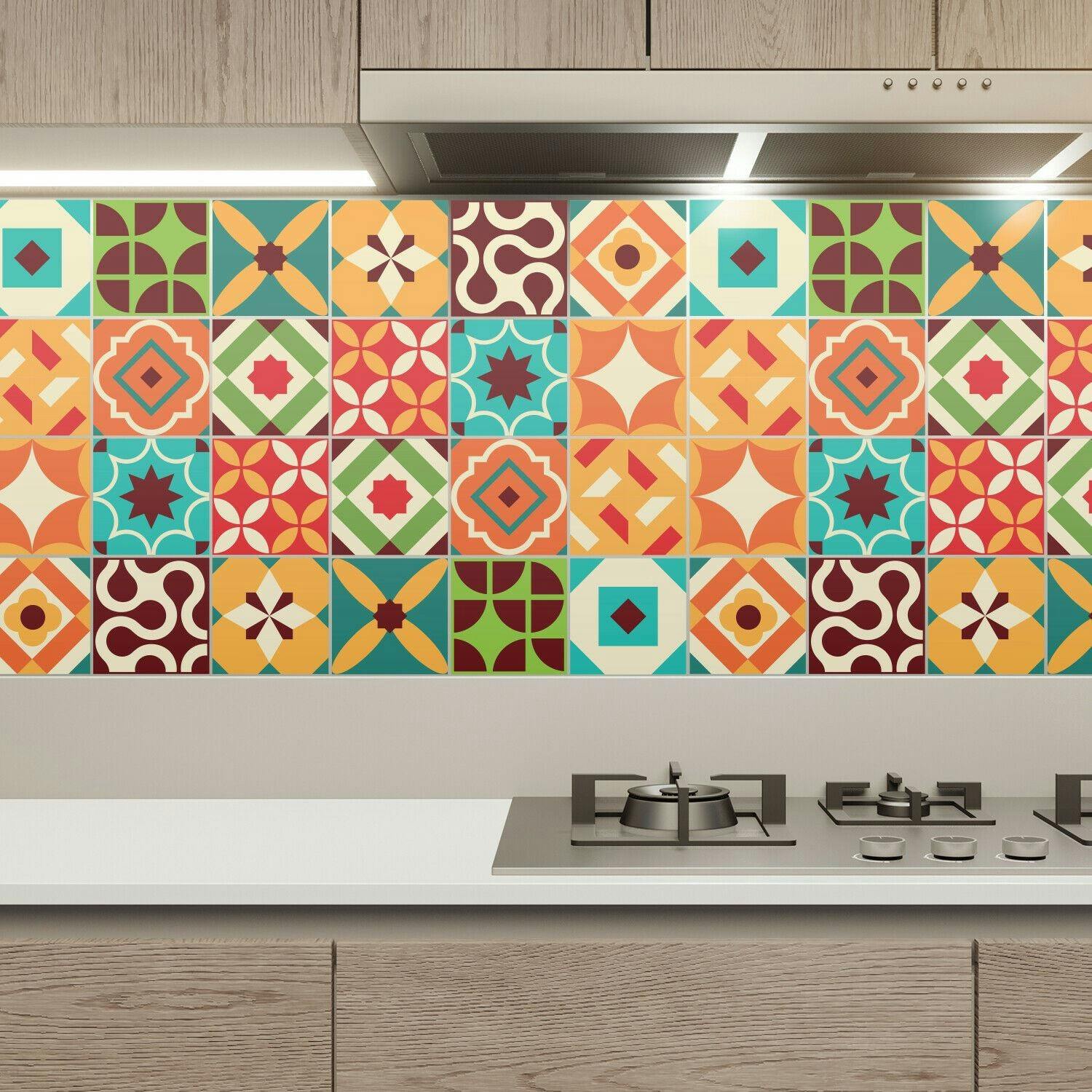 Walplus Wt1549 - Ziggy Colourful Retro Wall Tile Sticker Set - 15 Cm X 15 Cm - 24 Pcs