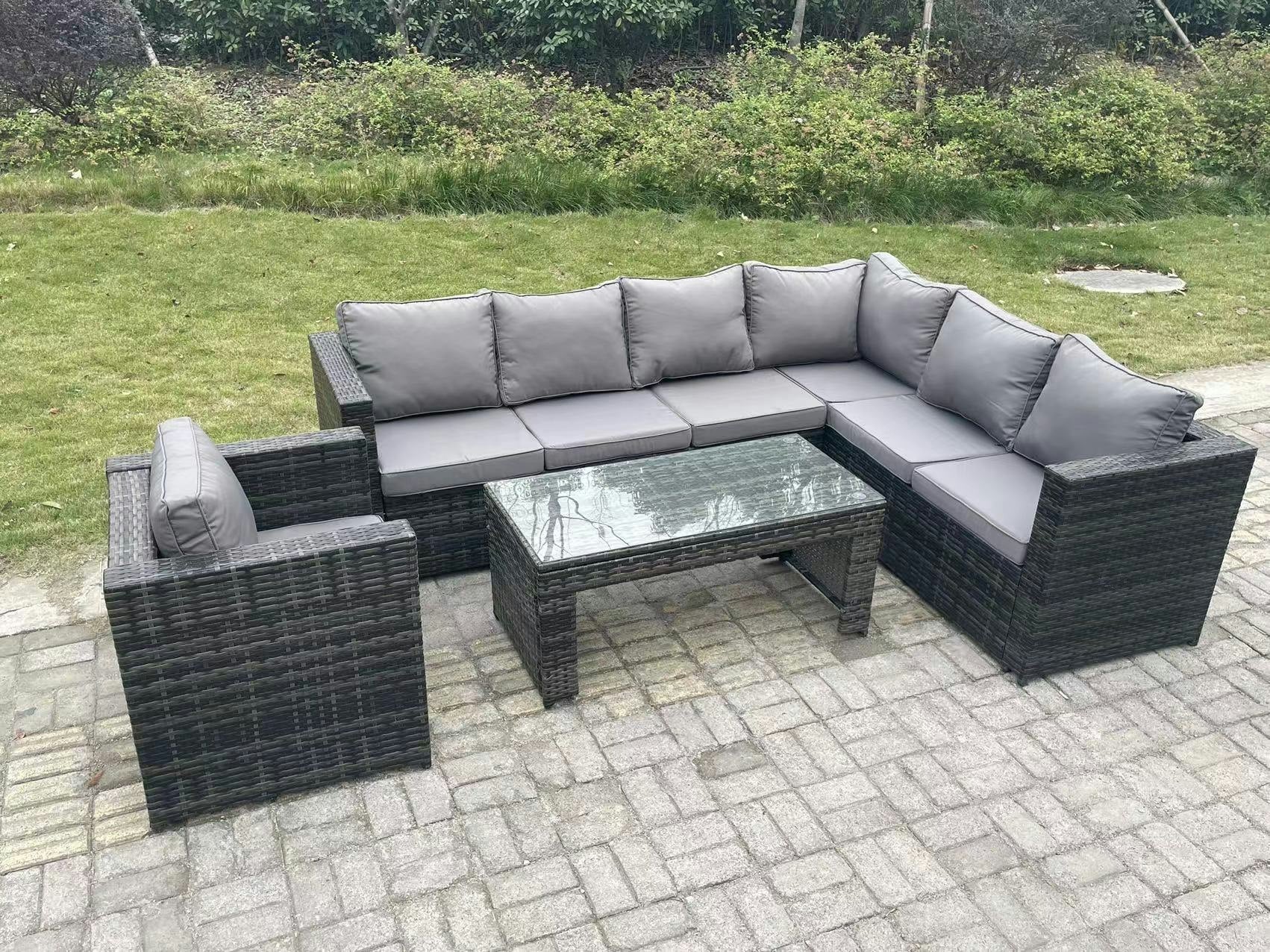Rackhams Dark/Grey 7 Seater Rattan Corner Sofa Lounge Sofa Set With Rectangular Coffee Table With Arm Chair Mixed