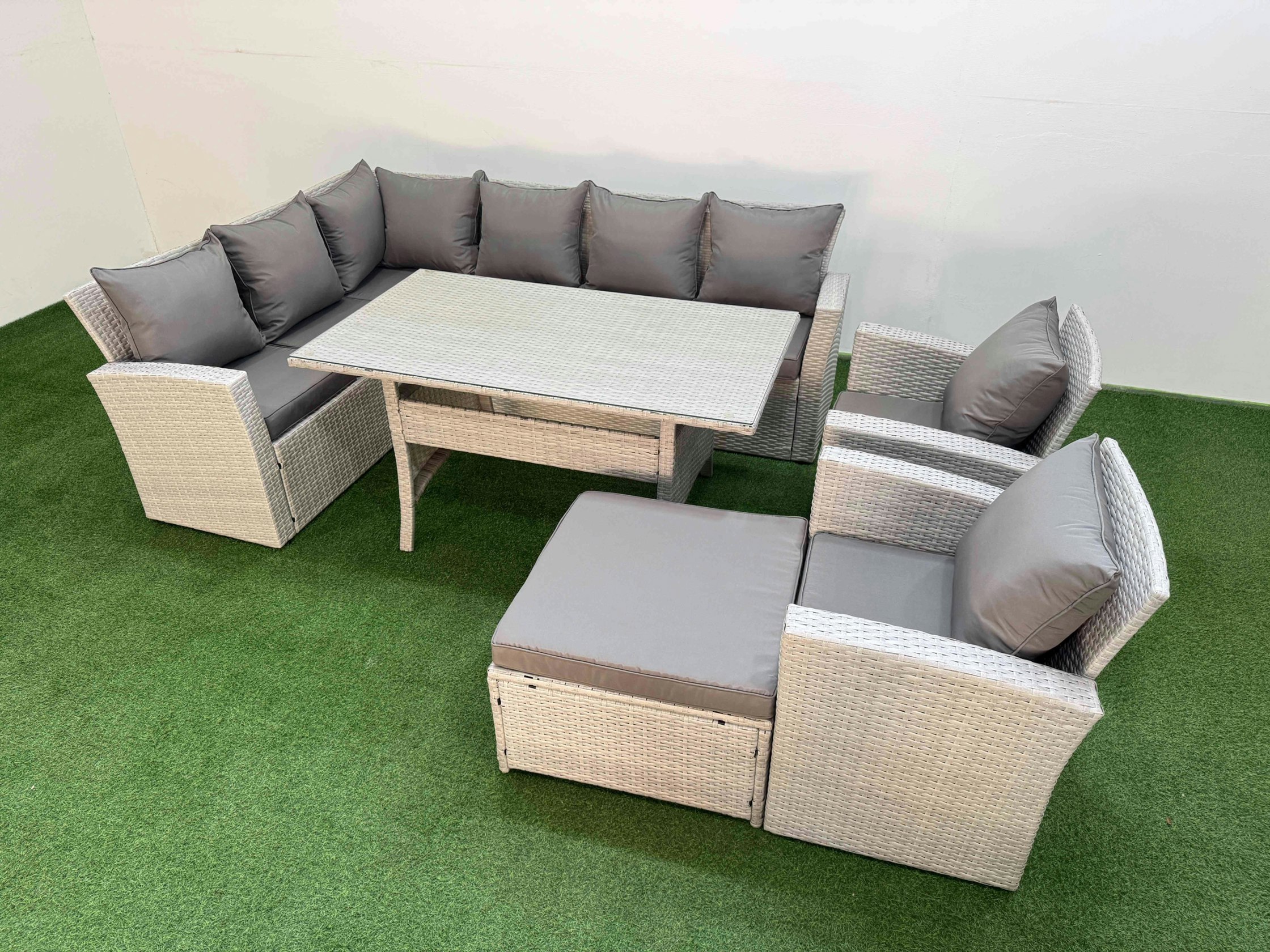 Rackhams Light/Grey 9 Seater Rattan Garden Furniture Set Outdoor Patio Dining Corner Sofa Sets With Dining Table 2 Chairs Big Footstool Mixed