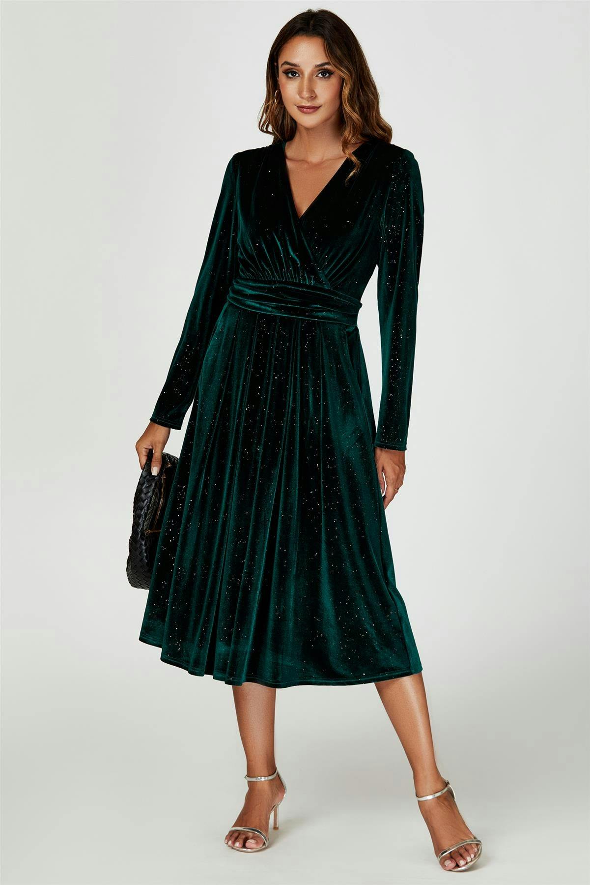 Fs Collection Silver/Green Sparkly Velvet Wrap Top Midi Dress In - Xs