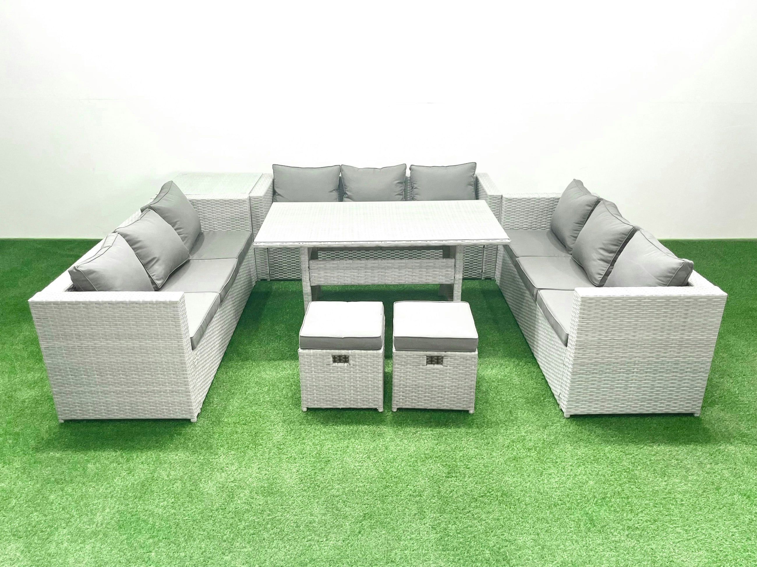 Fimous Light/Grey Rattan Garden Outdoor Furniture Set 11 Seater Garden Sofa Rectangulr Dining Table Set With 2 Small Footstool Side Table Mixed