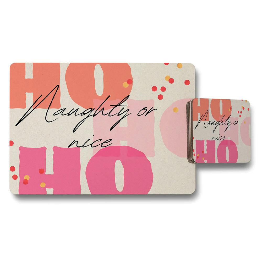Rackhams Pink/Peach/Cream Naughty Or Nice Holiday Placemat And Coaster Set For Christmas Table Decor