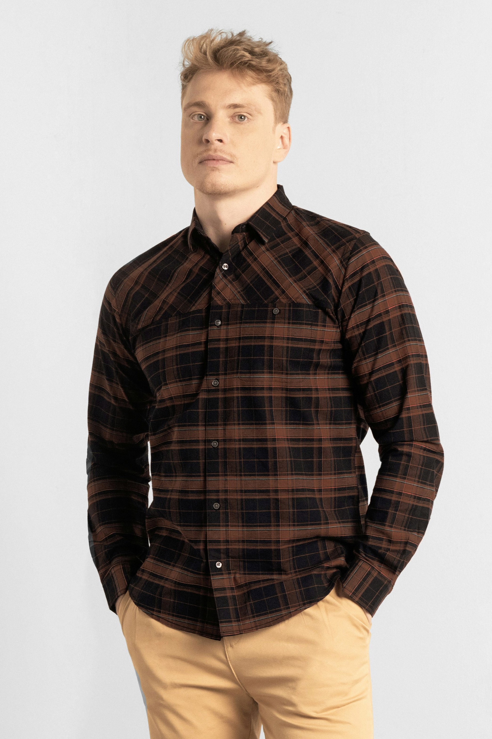 Enorsia Men's Orange Front Yoke Ls Oxford Shirt - L - 97% Cotton, 3% Spandex