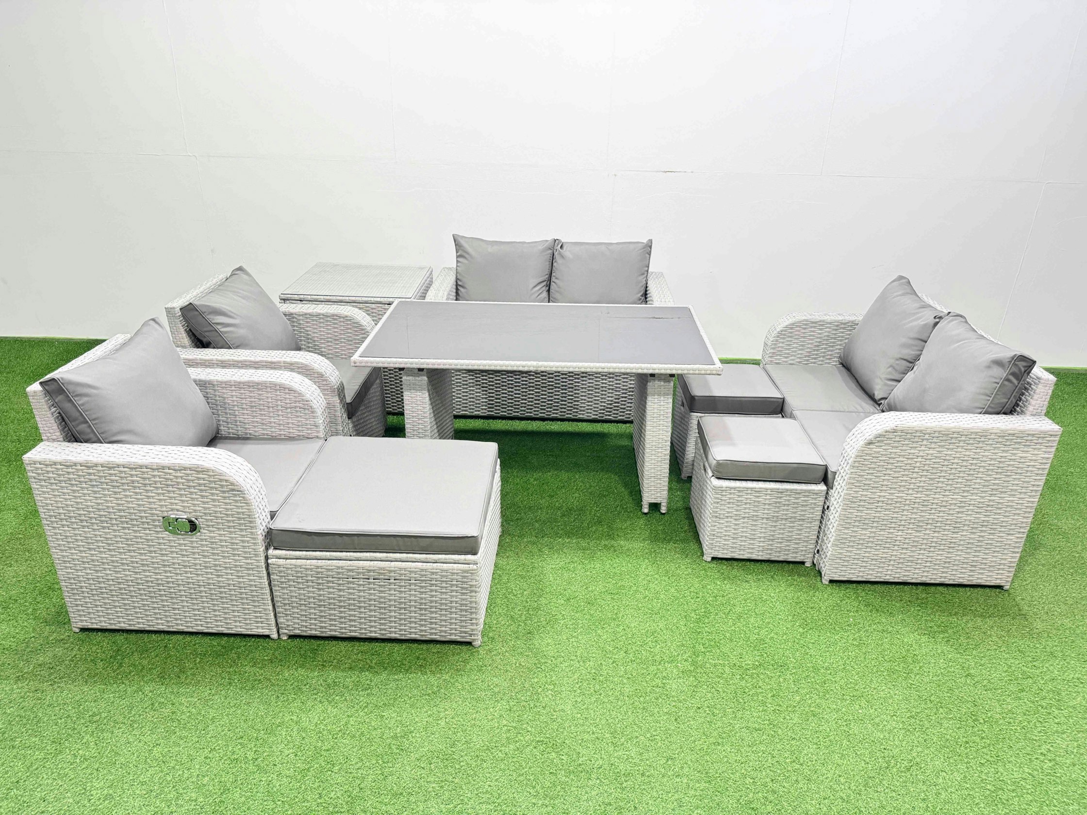 Rackhams Light/Grey 9 Pieces Outdoor Pe Rattan Sofa Reclining Chair Set Patio Garden Furniture Sets With Cushions Side Table 3 Stools