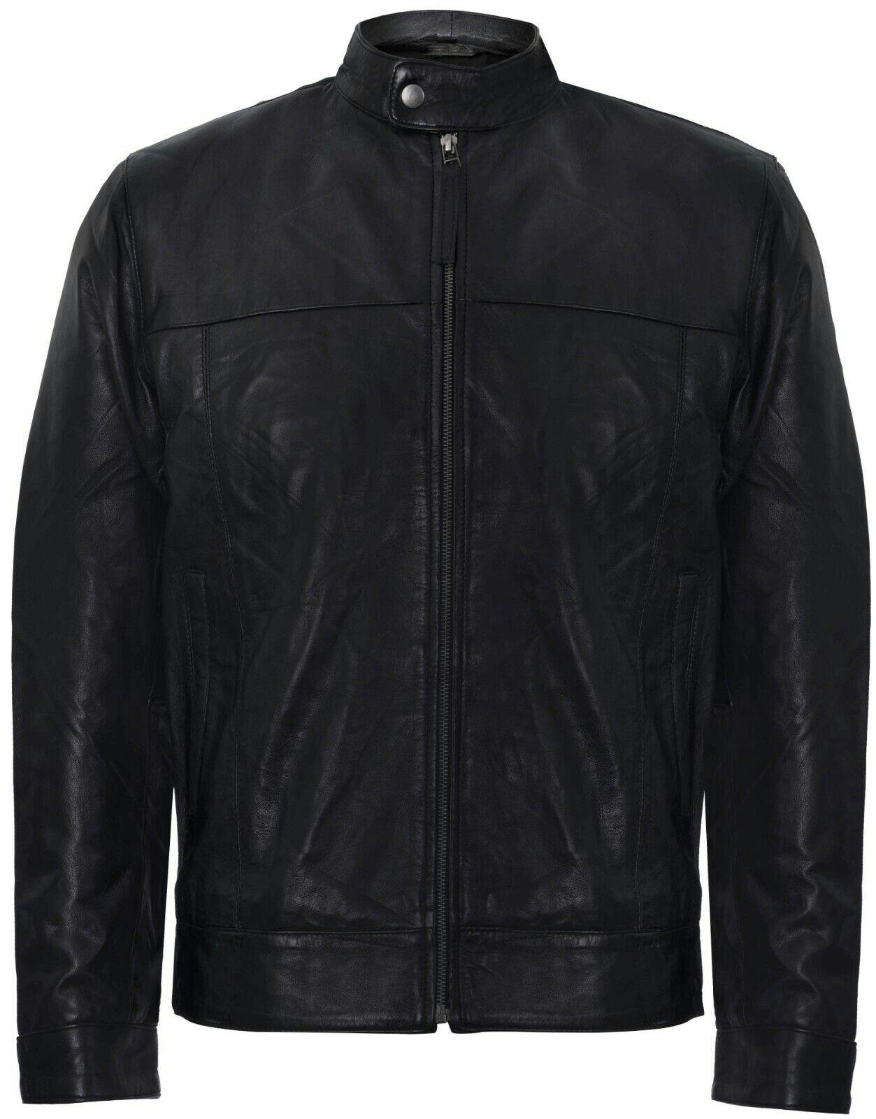 Infinity Leather Men's Black Leather Mandarin Collar Biker Jacket - Uk 2XL | Eu 54 | Us 44