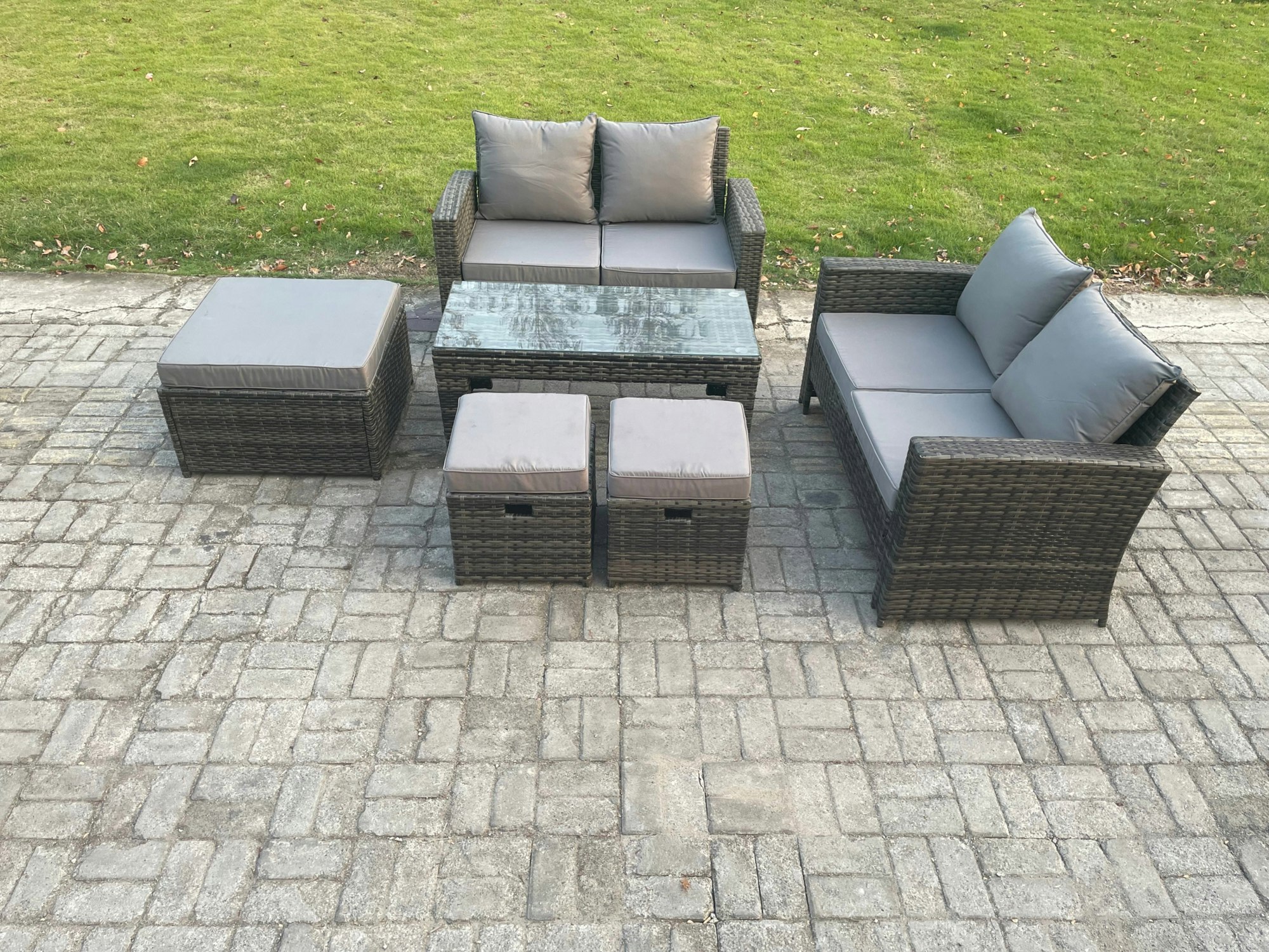 Rackhams Dark/Grey 7 Seater High Back Rattan Garden Furniture Sofa Sets With Rectangular Coffee Table 3 Footstools Loveseat Sofa Mixed