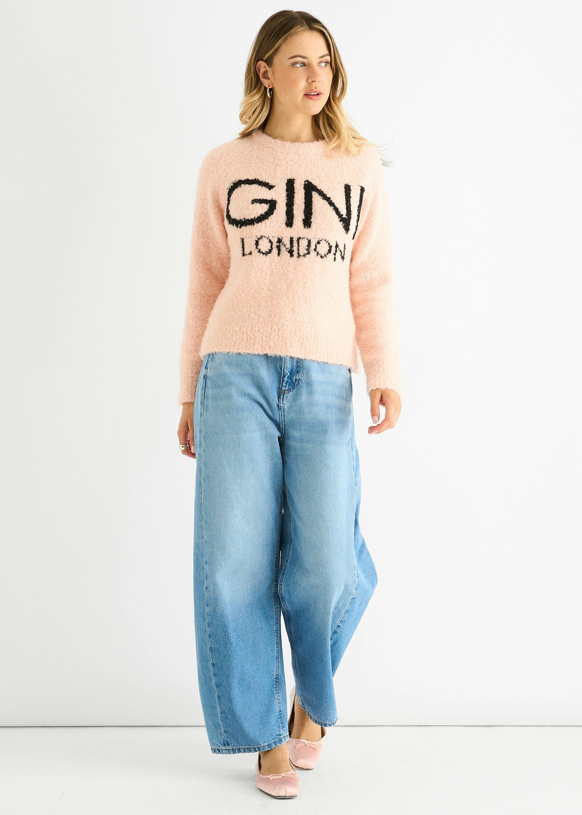 Gini London Pink Gini Logo Cozy Knit Jumper - S-M (Uk 8-10/Us 4-6/Eu 36-38)