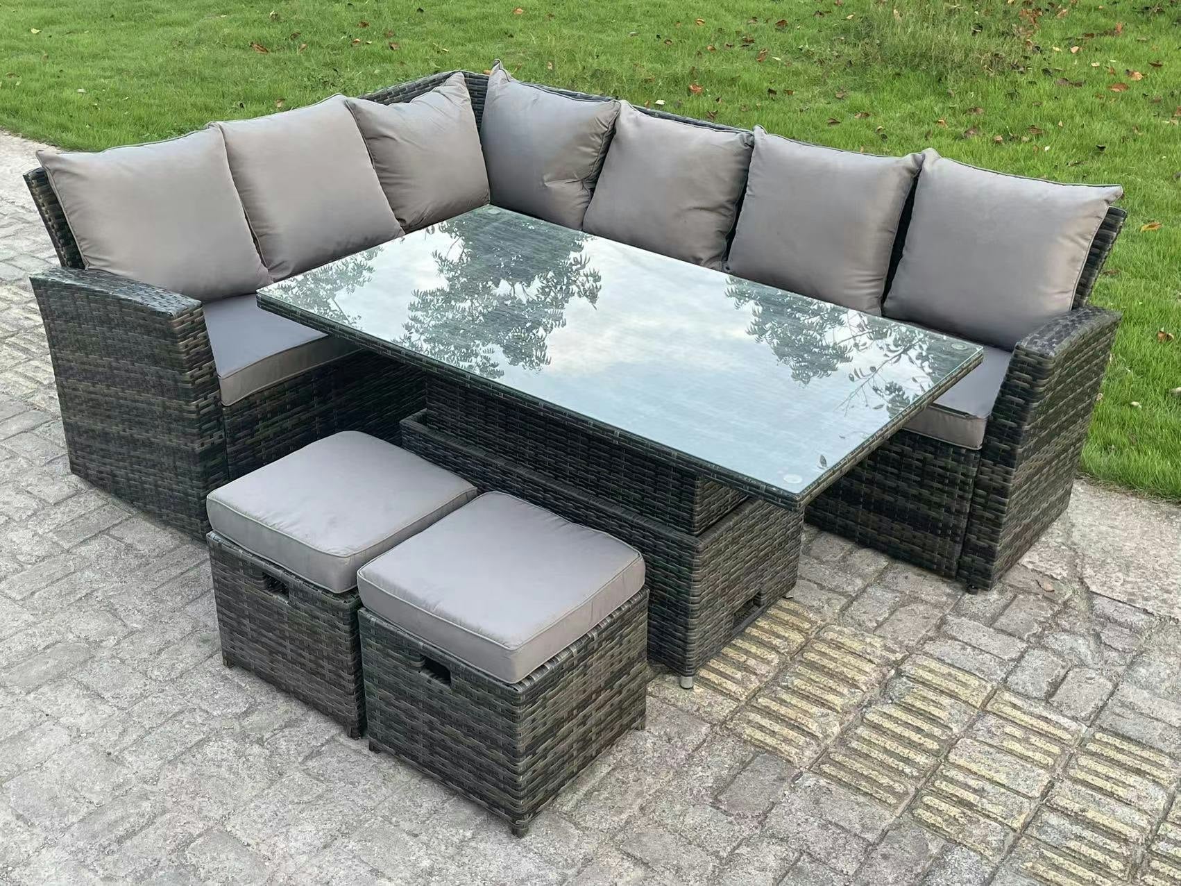 Fimous Dark/Grey High Back Rattan Garden Furniture Corner Sofa Sets Adjustable Rising Table Mixed 8 Seater Left Corner