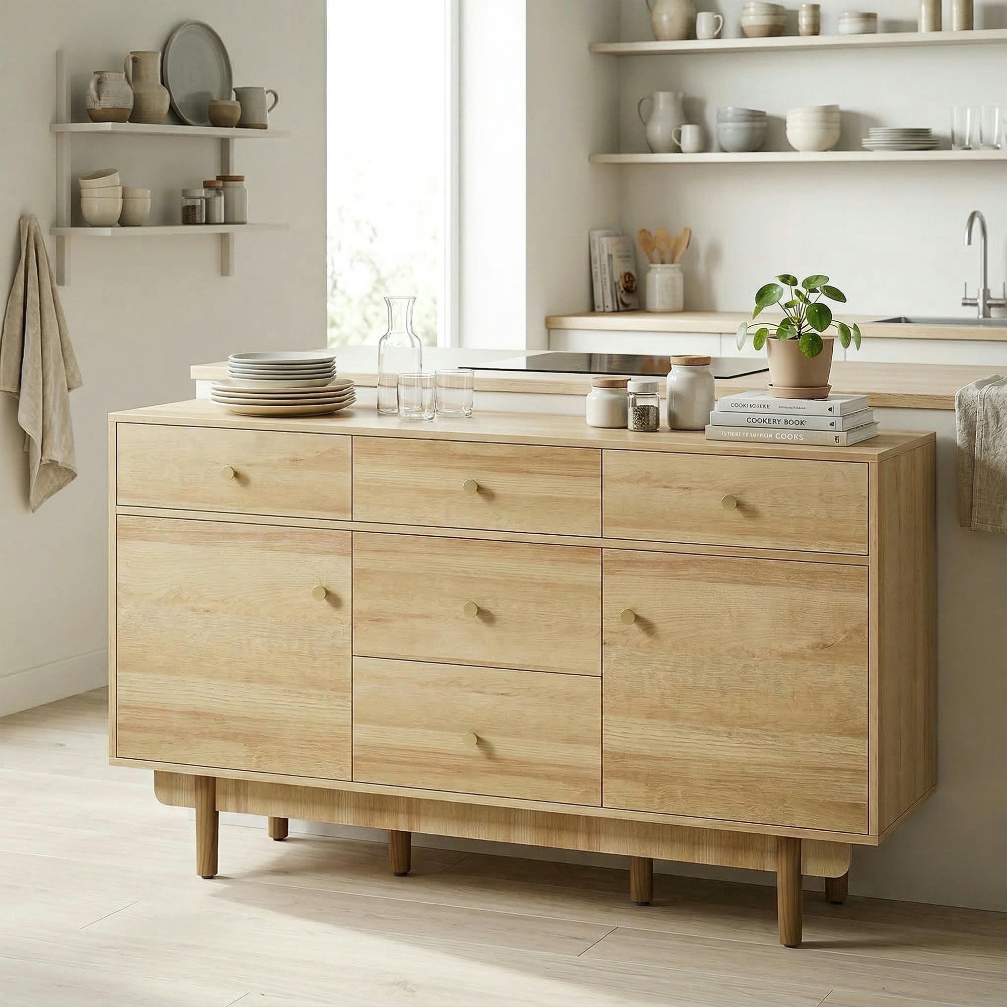 Rackhams Grain/Brown Sideboard Soft Close Doors Wood Legs Walnut - Natural Walnut Wood - Buffet Cabinet - Walnut