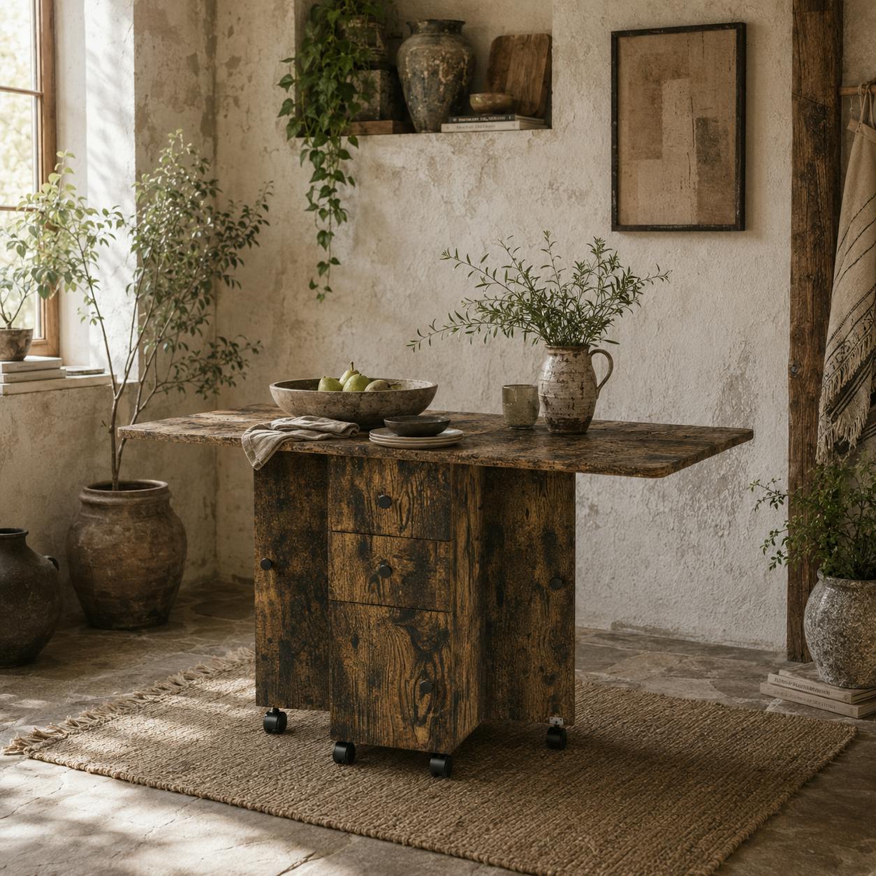 Rackhams Brown Lasado Wooden Rustic Drop Leaf Dining Table With Storage Seating 6