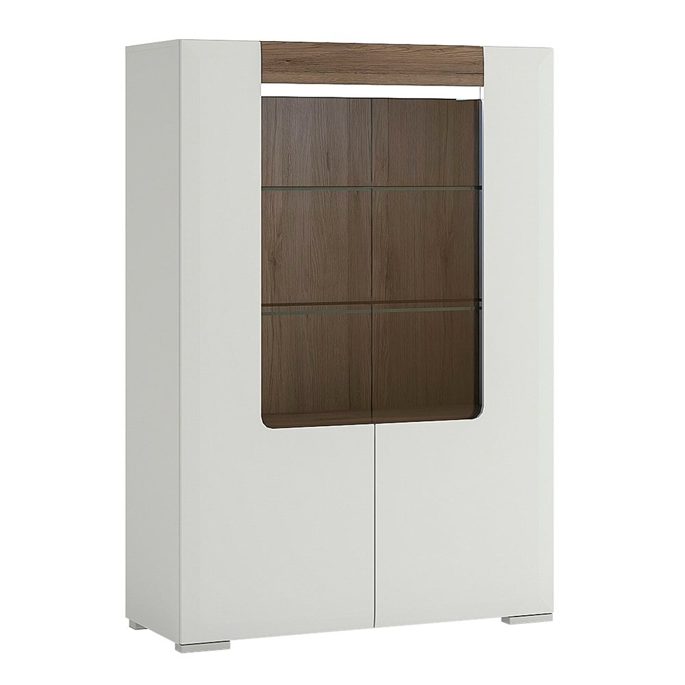 Rackhams White Toronto Low Glazed 2 Door Display Cabinet With Internal Shelves (Inc. Plexi Lighting) - Full Assembly Required - & Oak - Matt