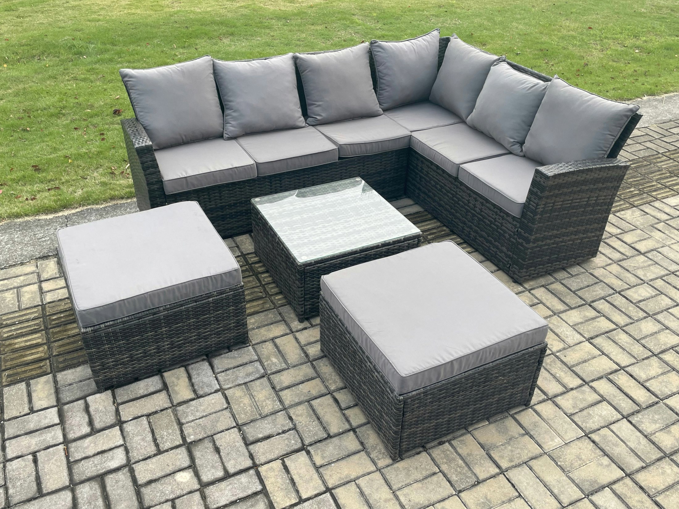 Fimous Dark/Grey 8 Seater Wicker Pe Outdoor Garden Furniture Set High Back Rattan Corner Sofa Set With 2 Big Footstool Square Coffee Table