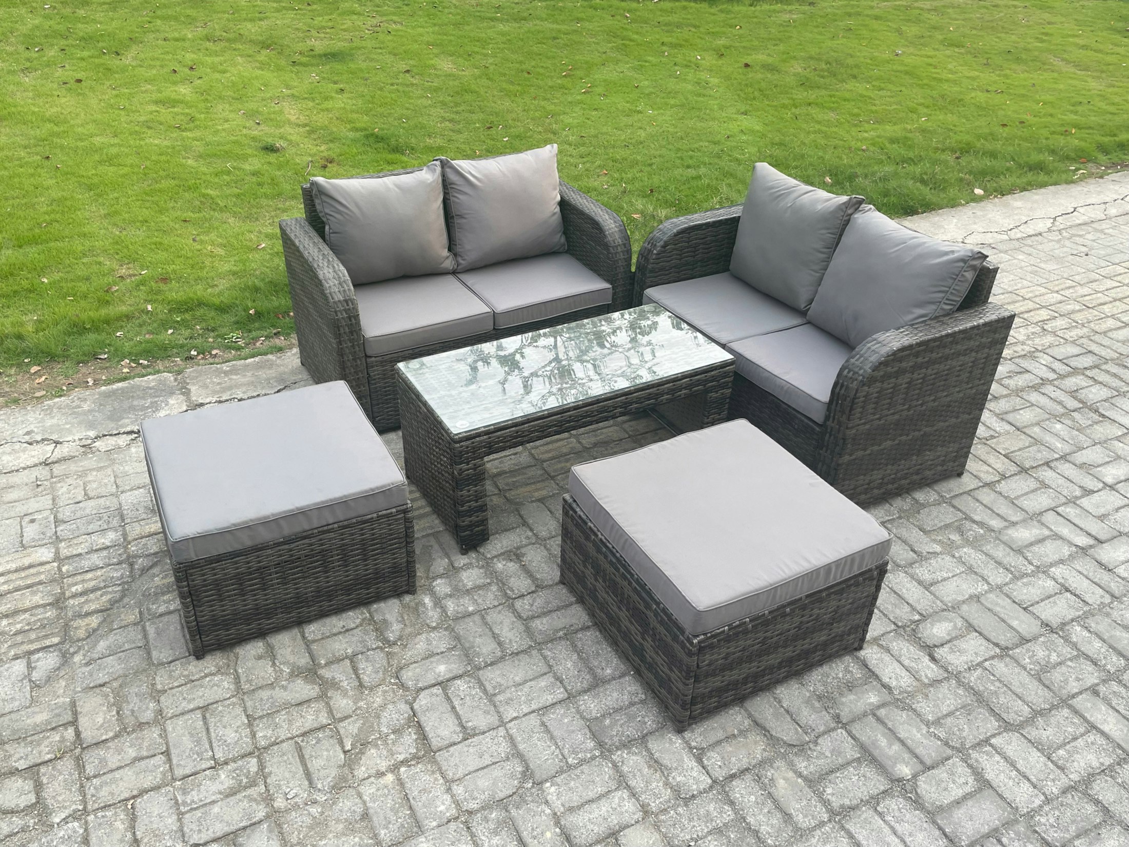 Rackhams Dark/Grey High Back Rattan Garden Lounge Set - Mixed Indoor/Outdoor Patio Sofa With Loveseat, Rectangular Coffee Table & 2 Big Footstools