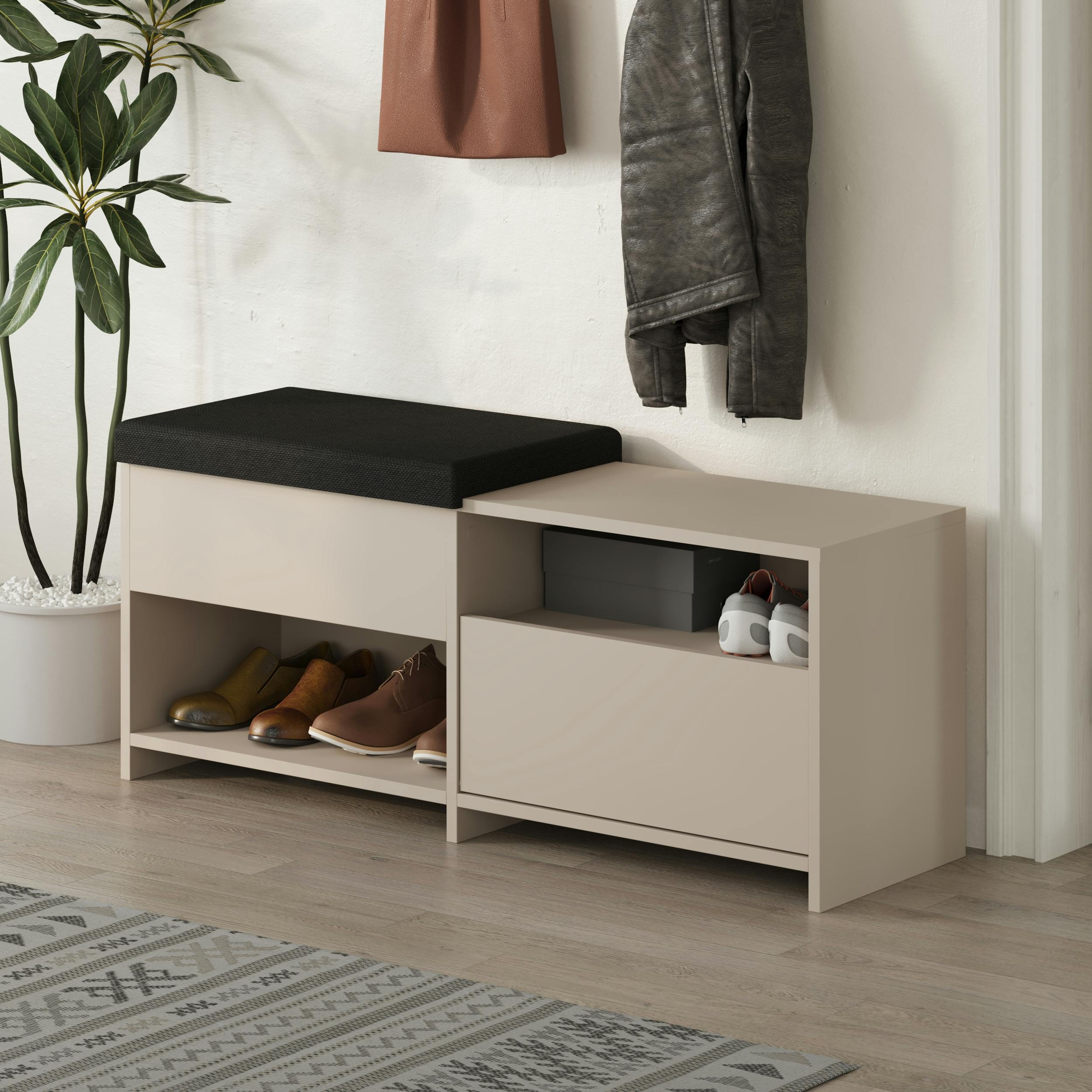 Rackhams Anthracite/White Modern Filux Shoe Bench Rack Sliding Fabric Seat And 120.3(W) Storage Cabinet 2-Tier Open Shelves Hallway - Sandstone
