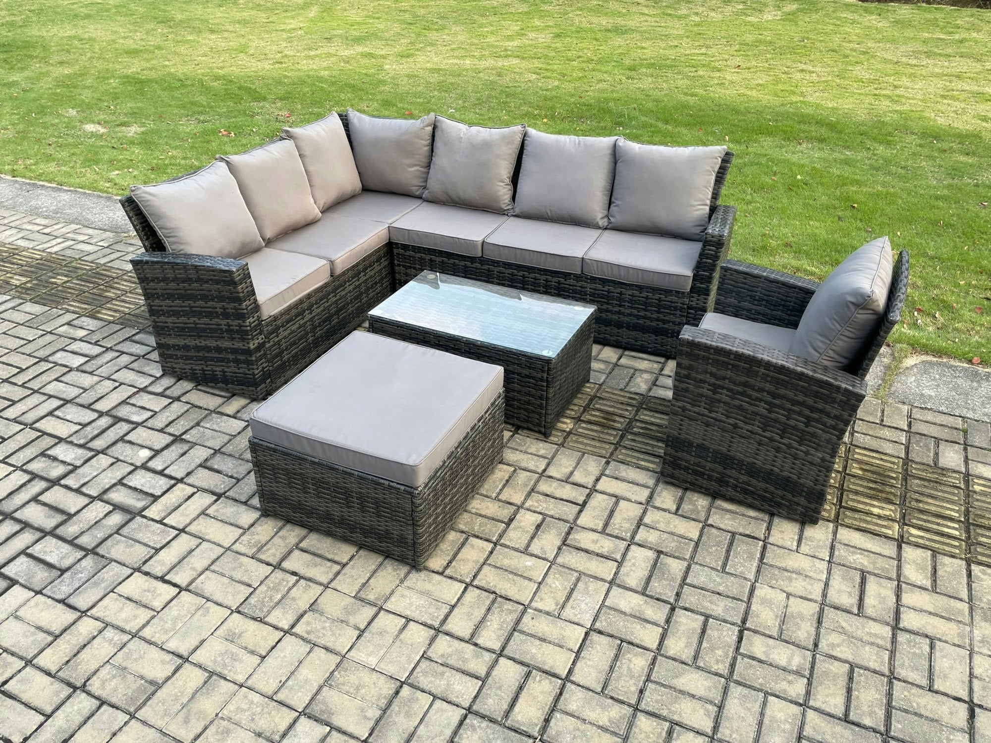 Fimous Dark/Grey 8 Seater Rattan Garden Furniture Corner Sofa Set Outdoor Patio Sofa Chair Table Set With Rectangular Coffee Table Mixed