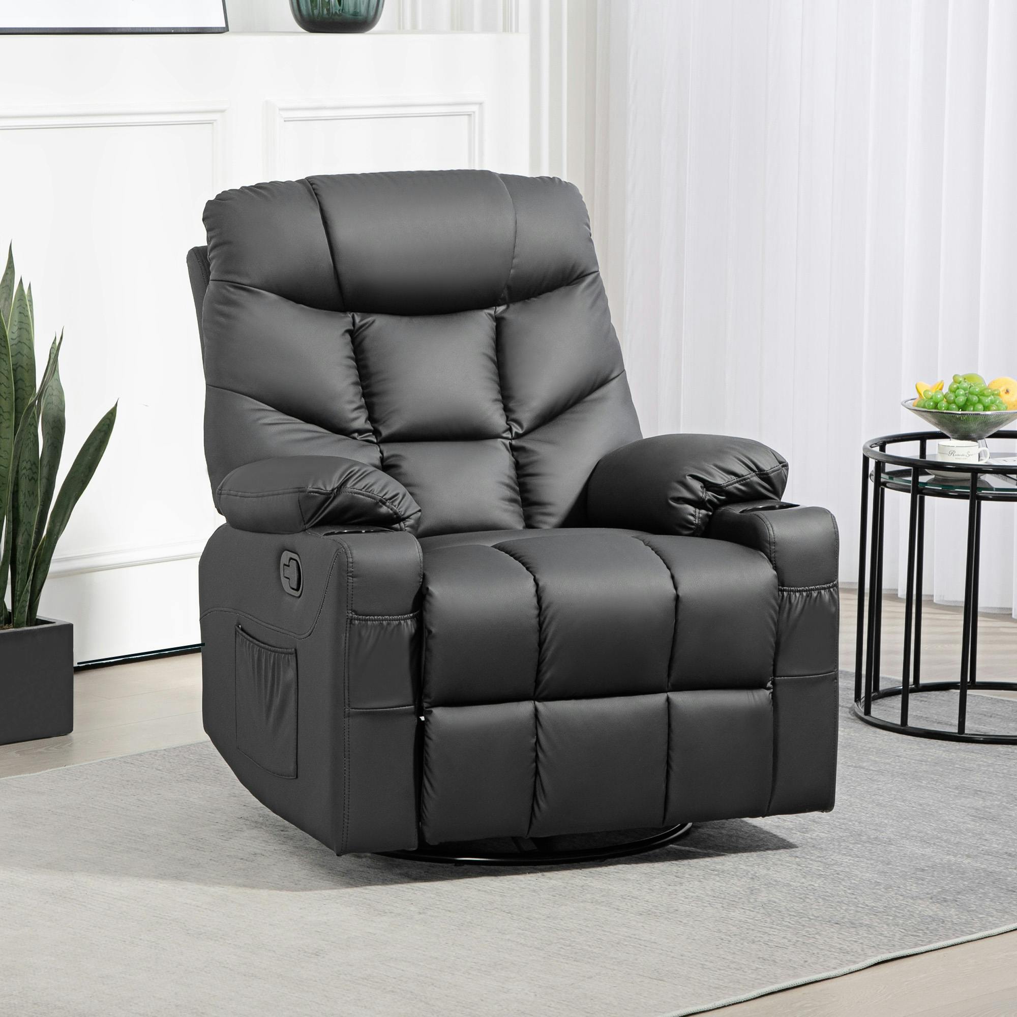 Rackhams Black Manual Recliner Chair With Footrest, Cup Holder, Swivel Base
