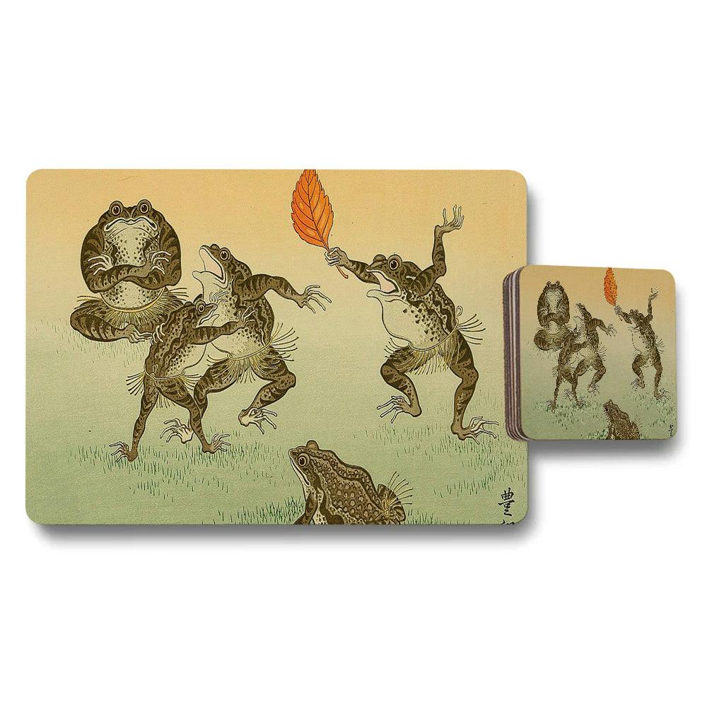Benjamin Tate Design Frog Themed Placemat And Coaster Set With Vintage Illustration