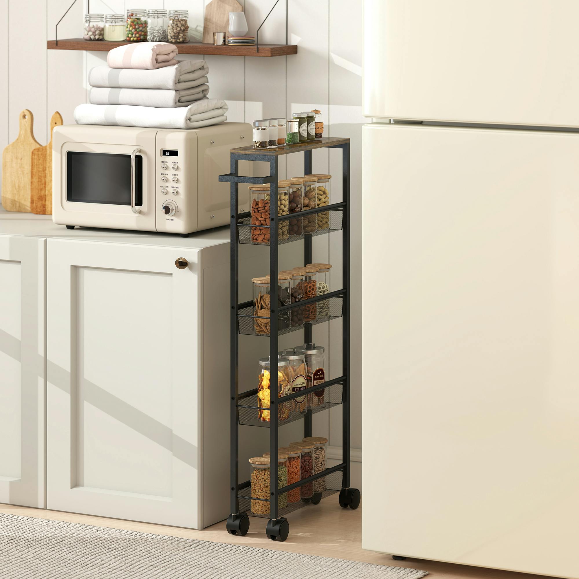 Homcom Black Rolling Kitchen Trolley, Slim Storage Cart With Metal Frame, Handle - 1 - Metal, Particleboard