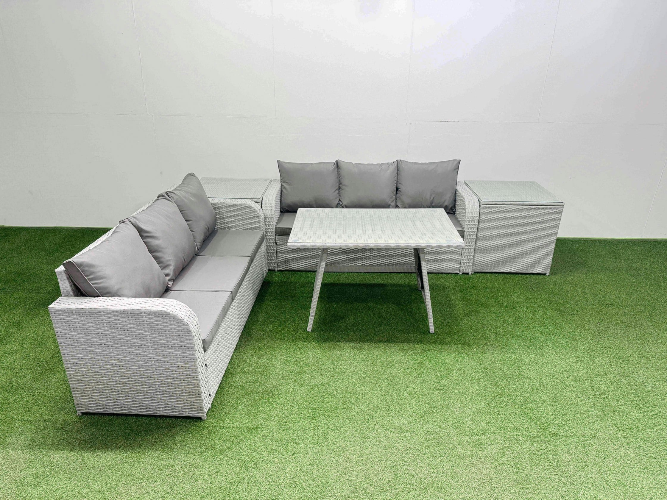 Rackhams Light/Grey Patio Dining Table & Chairs Set Rattan High Back Lounge Sofa Set With 3 Seater Sofa 2 Side Tables