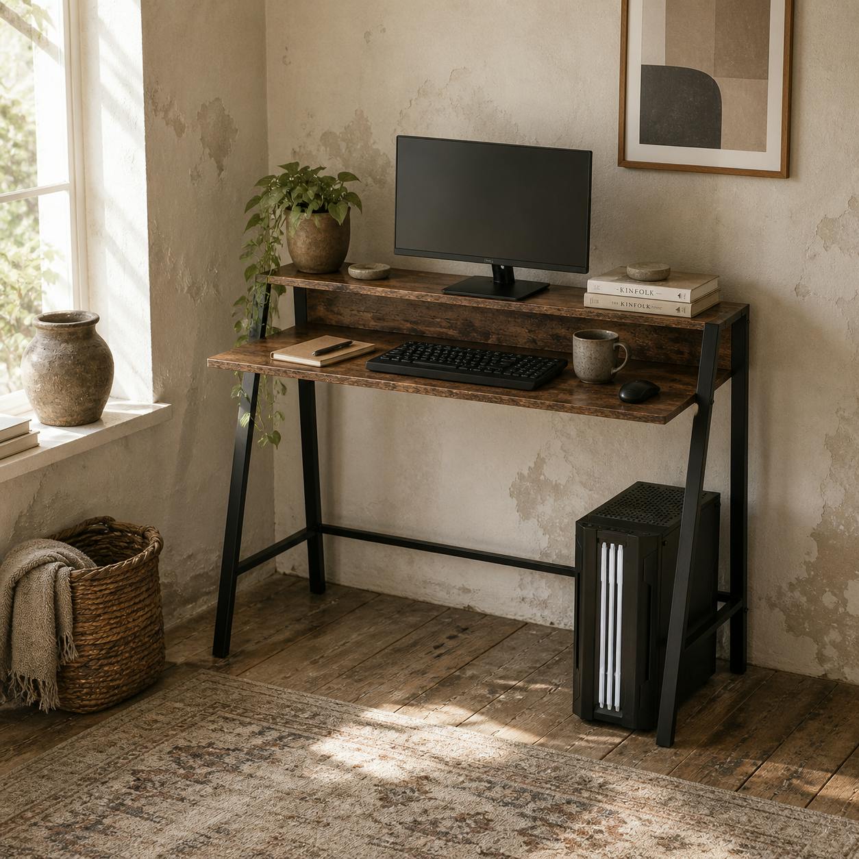 Rackhams Brown Lune 100Cm Rustic Compact Writing Desk With Integrated Storage Shelves