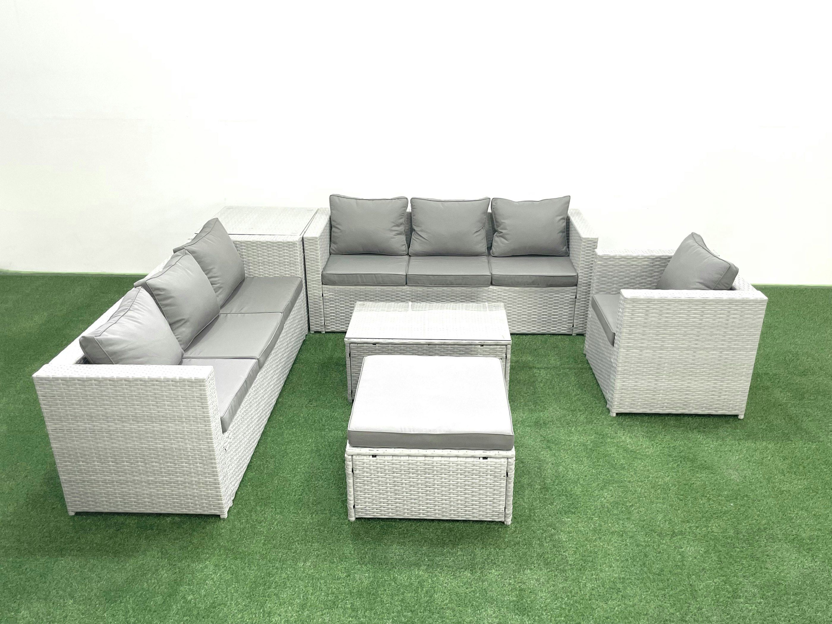 Rackhams Light/Grey Wicker Pe Rattan Sofa Garden Furniture Set With Armchair Oblong Coffee Table Big Footstool Side Table Mixed