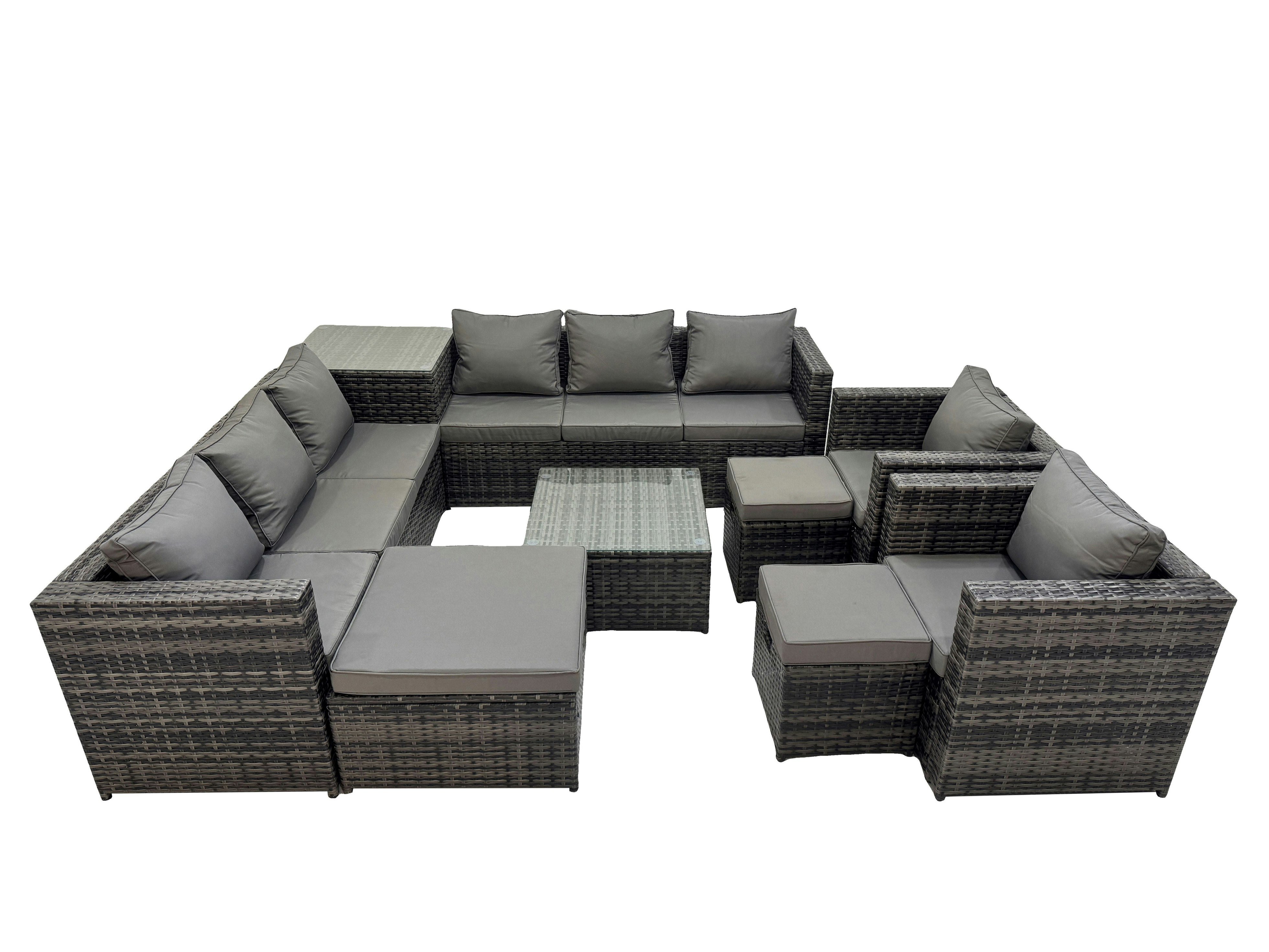 Rackhams Dark/Grey Garden Rattan Outdoor Furniture Set 11 Seater Patio Corner Sofa Coffee Table With 3 Stool Side Table