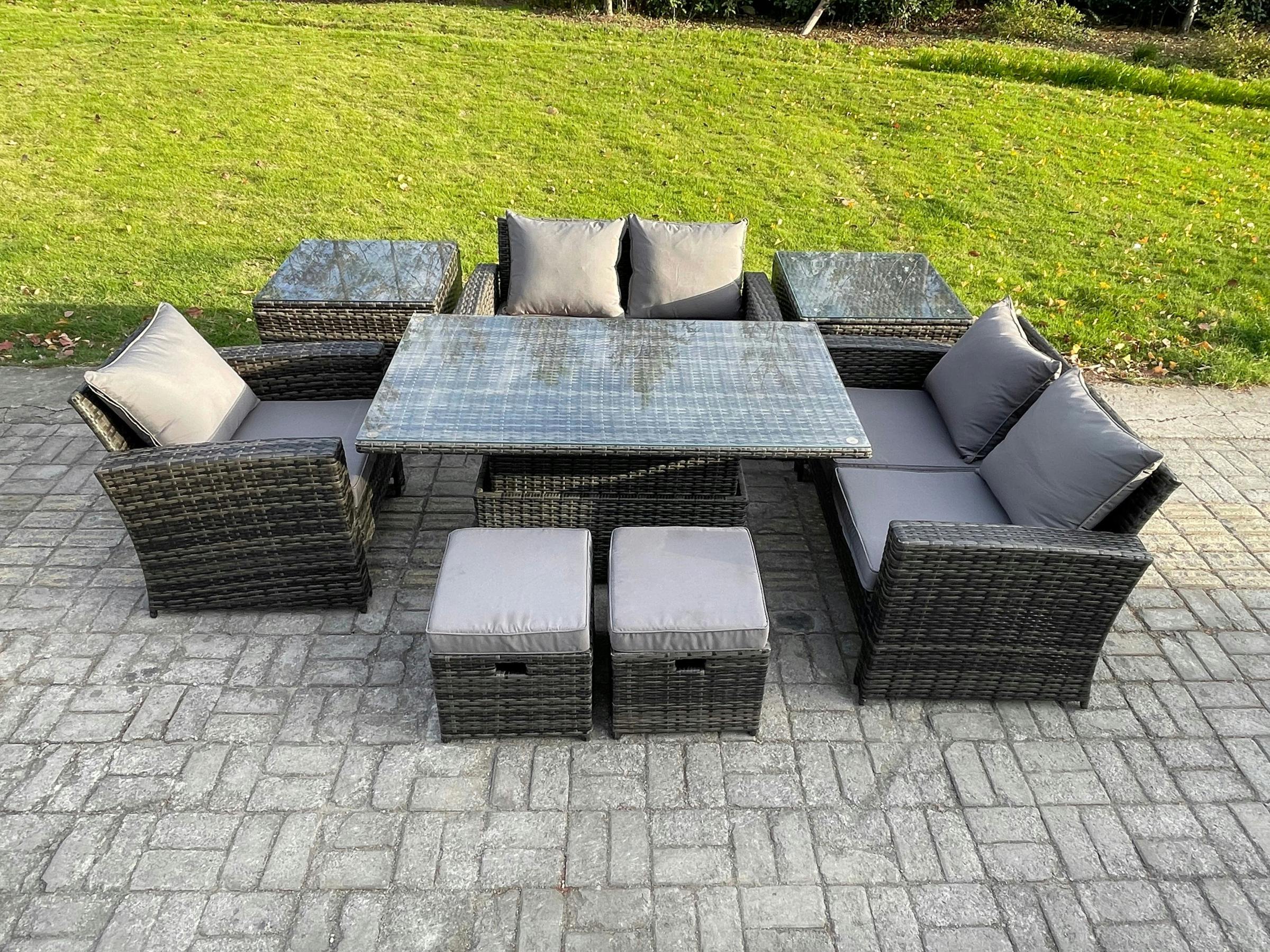 Rackhams Dark/Grey 7 Seater Outdoor Rattan Patio Set, Garden, Adj Height Table Sofa Dining, 2 Side Tables And 2 Small Footstools, Mixed