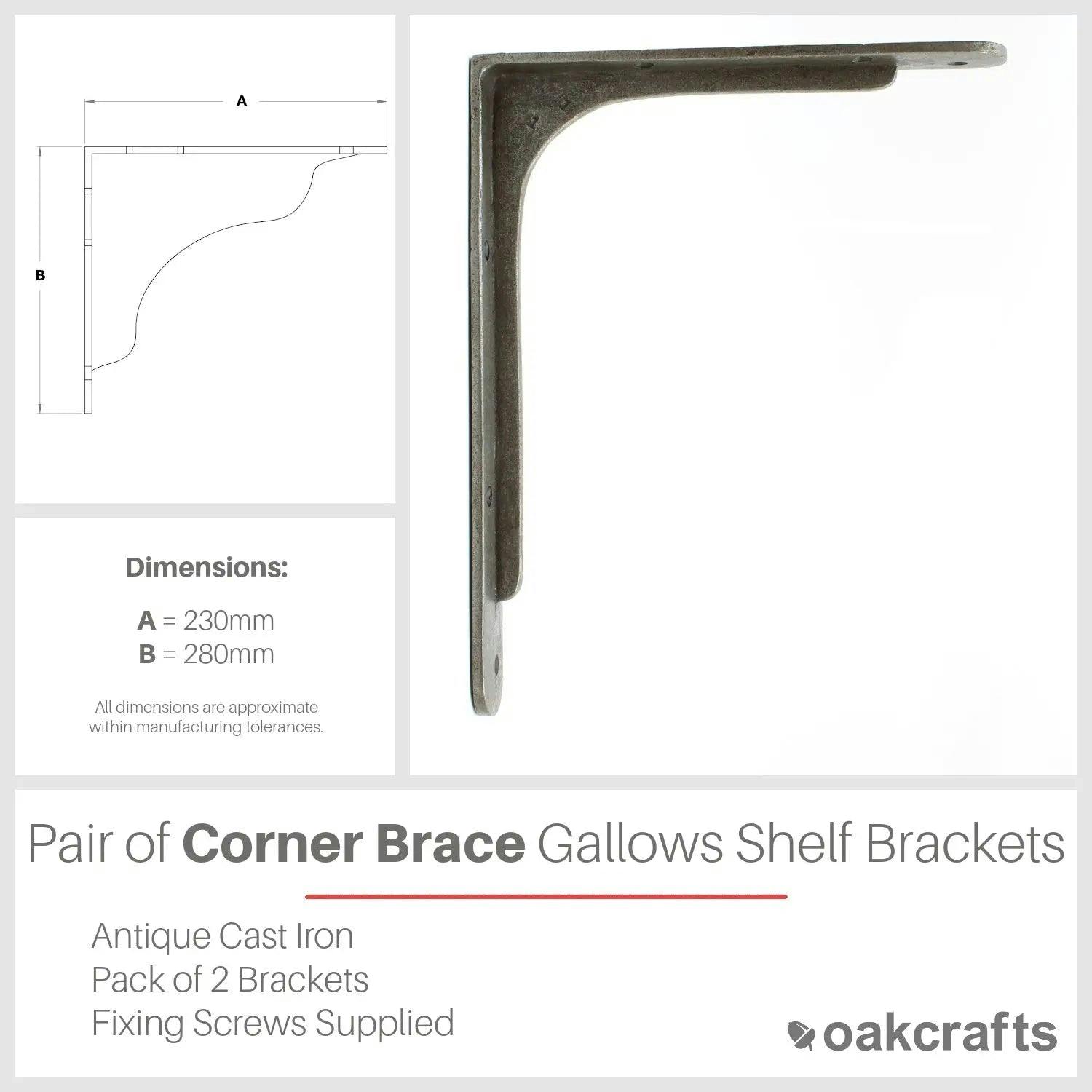 Oakcrafts Pair Of Corner Brace Gallows Style Antique Cast Iron Shelf Brackets - 230Mm X 280Mm
