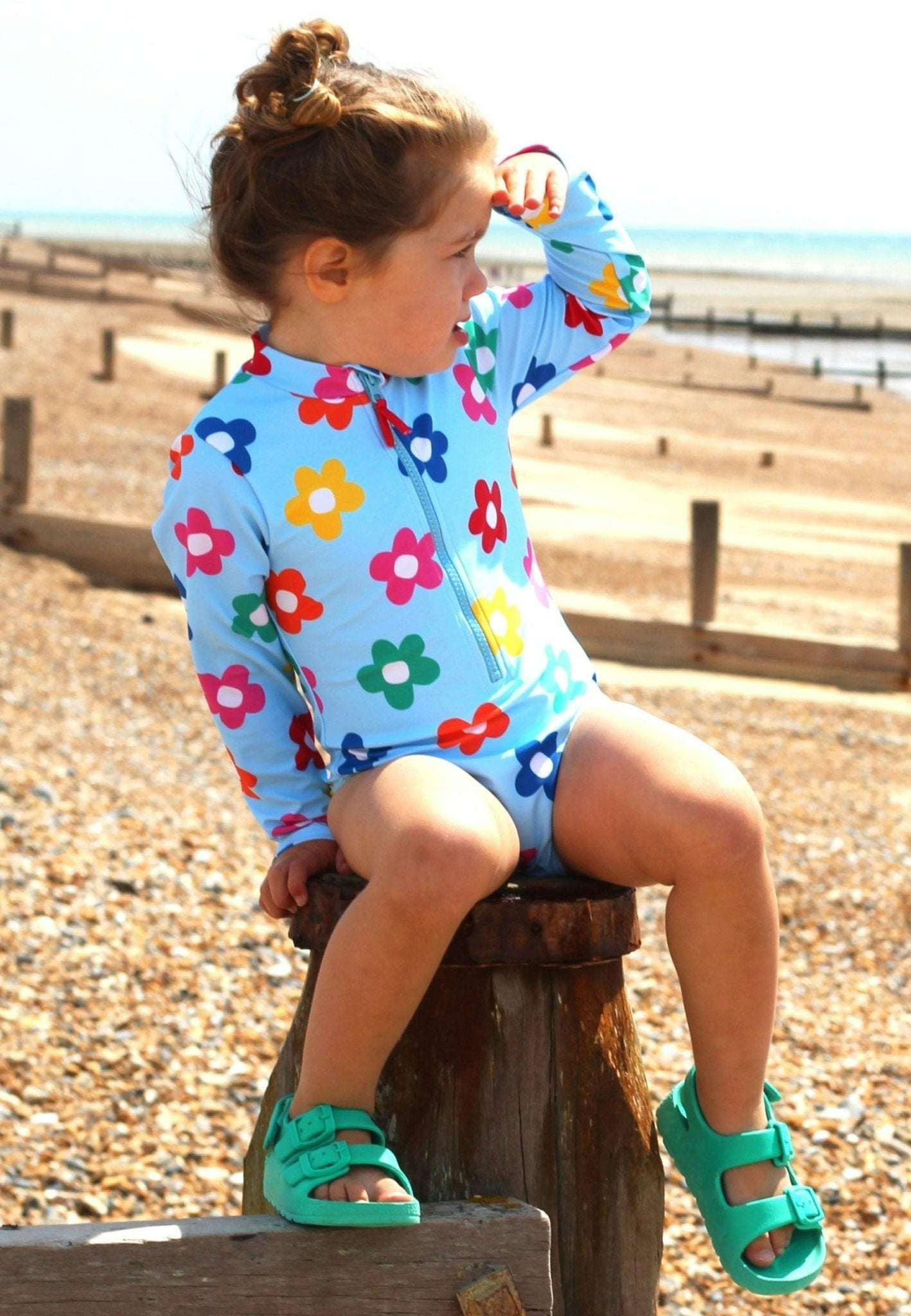 Toby Tiger Light/Blue Rainbow Bloom Print Long-Sleeved Kids' Swimsuit - 6-7Y / 122Cm